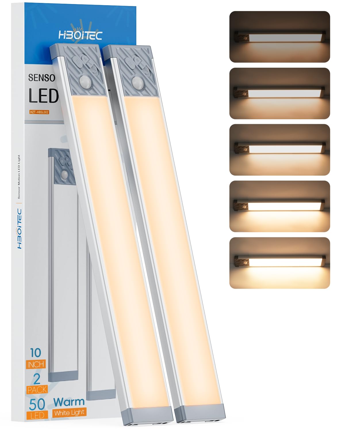 HIBOITEC Under Cabinet Lighting Rechargeable 50 LED Closet Lights Battery Operated Dimmable Motion Sensor Light Indoor, Wireless Light for Kitchen, Wardrobe, Drawer, 2 Pack, Warm White Light, 10 inch