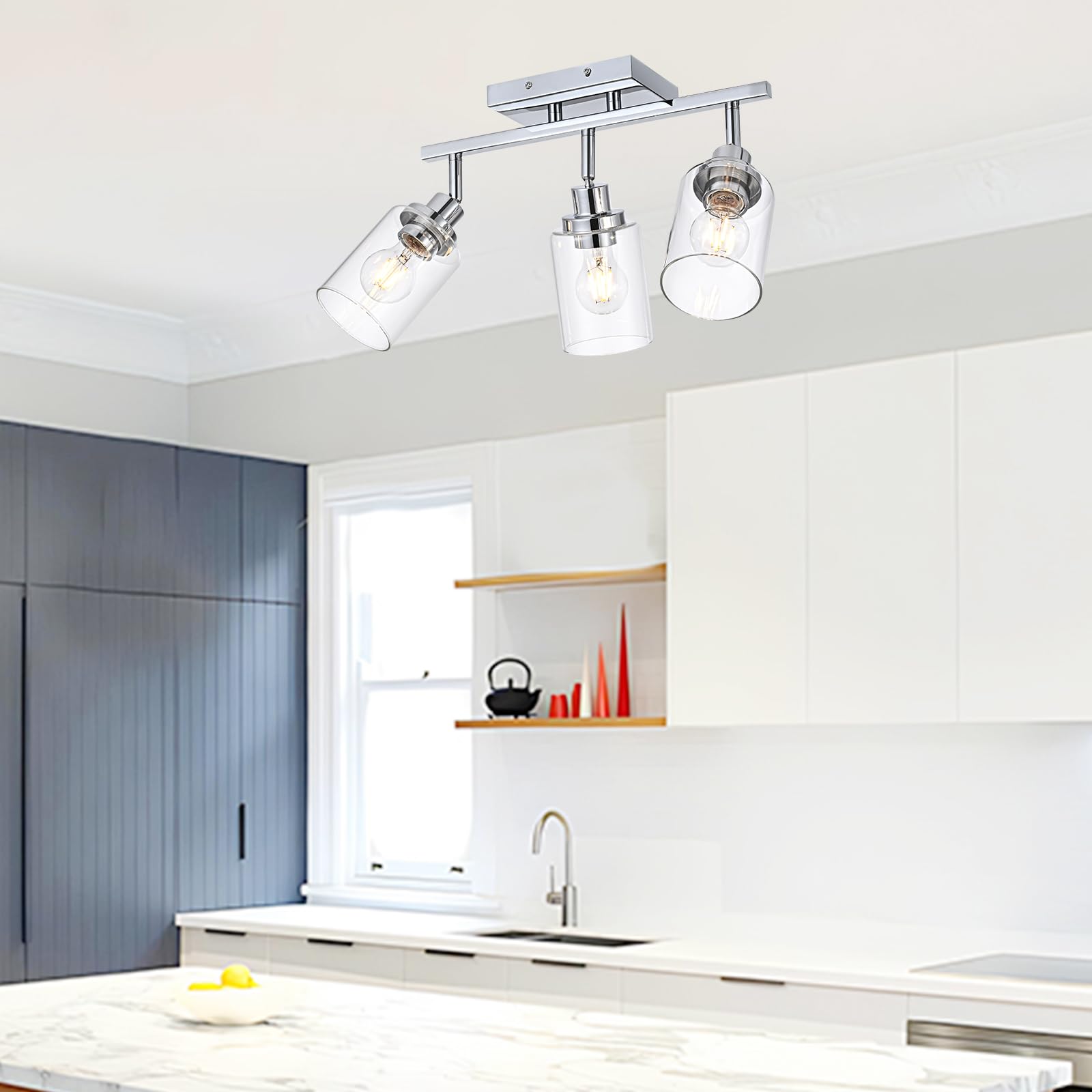 Wanluce 3-Light Track Lighting Kit Ceiling Kitchen Track Lighting Fixtures Chrome Bathroom Vanity Wall Lights With Clear Glass Multi-Directional Rotating Tracking Light Heads Spotlight For Accent Shop