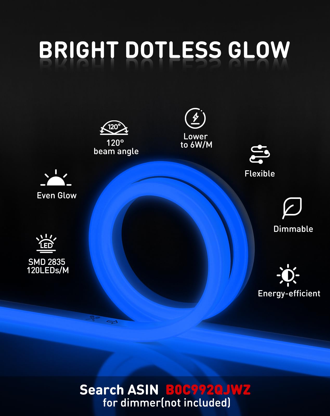 Shine Decor LED Rope Lights, Dotless 120 LEDs/M, 16.4ft, Blue, IP65 Waterproof, Connectable & Cuttable, Model 1c113908-ff88