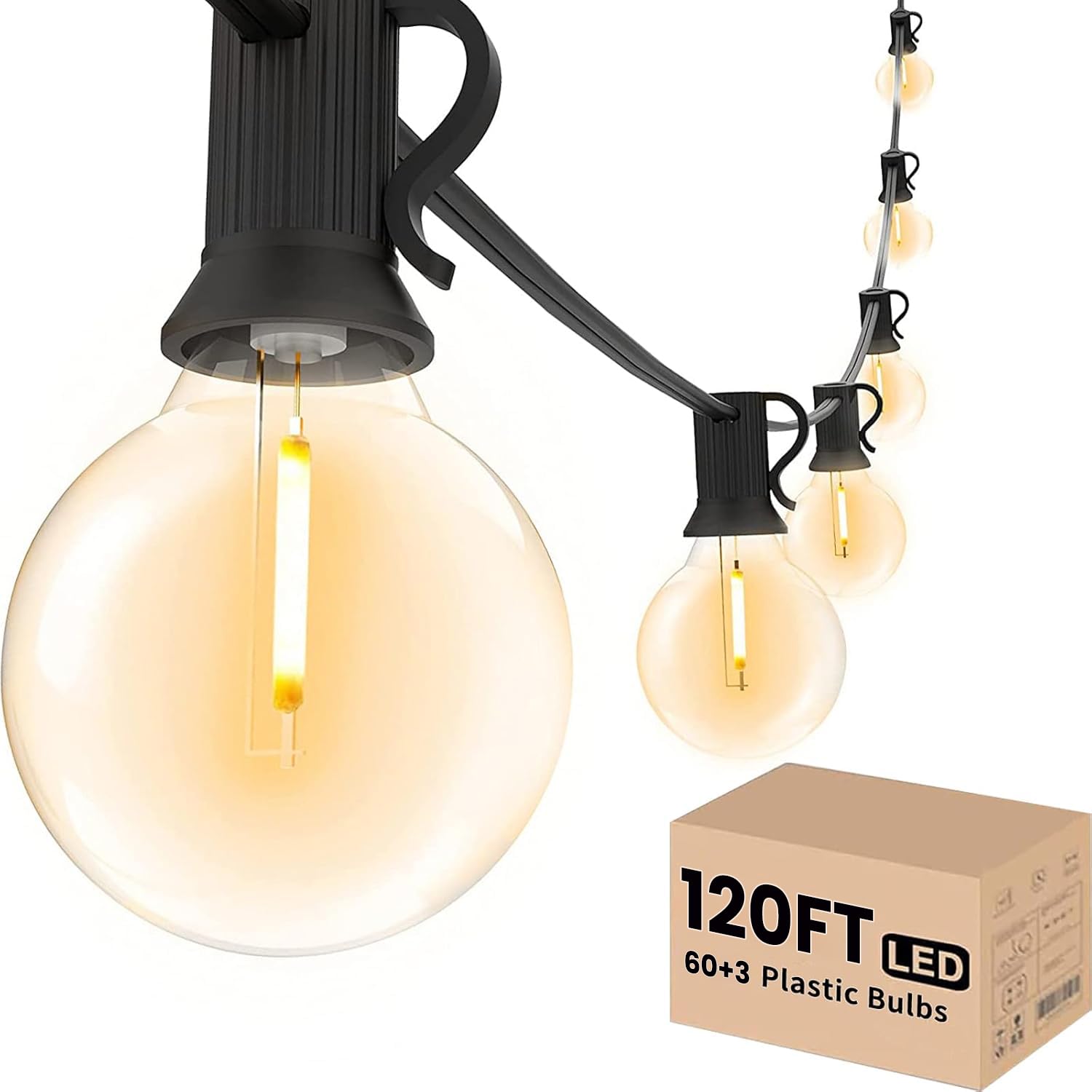 Svater Outdoor String Lights 120 FT, Patio Light with 63 Shatterproof LED Bulbs, Outside Plastic Hanging G40 Globe Lights for Ca