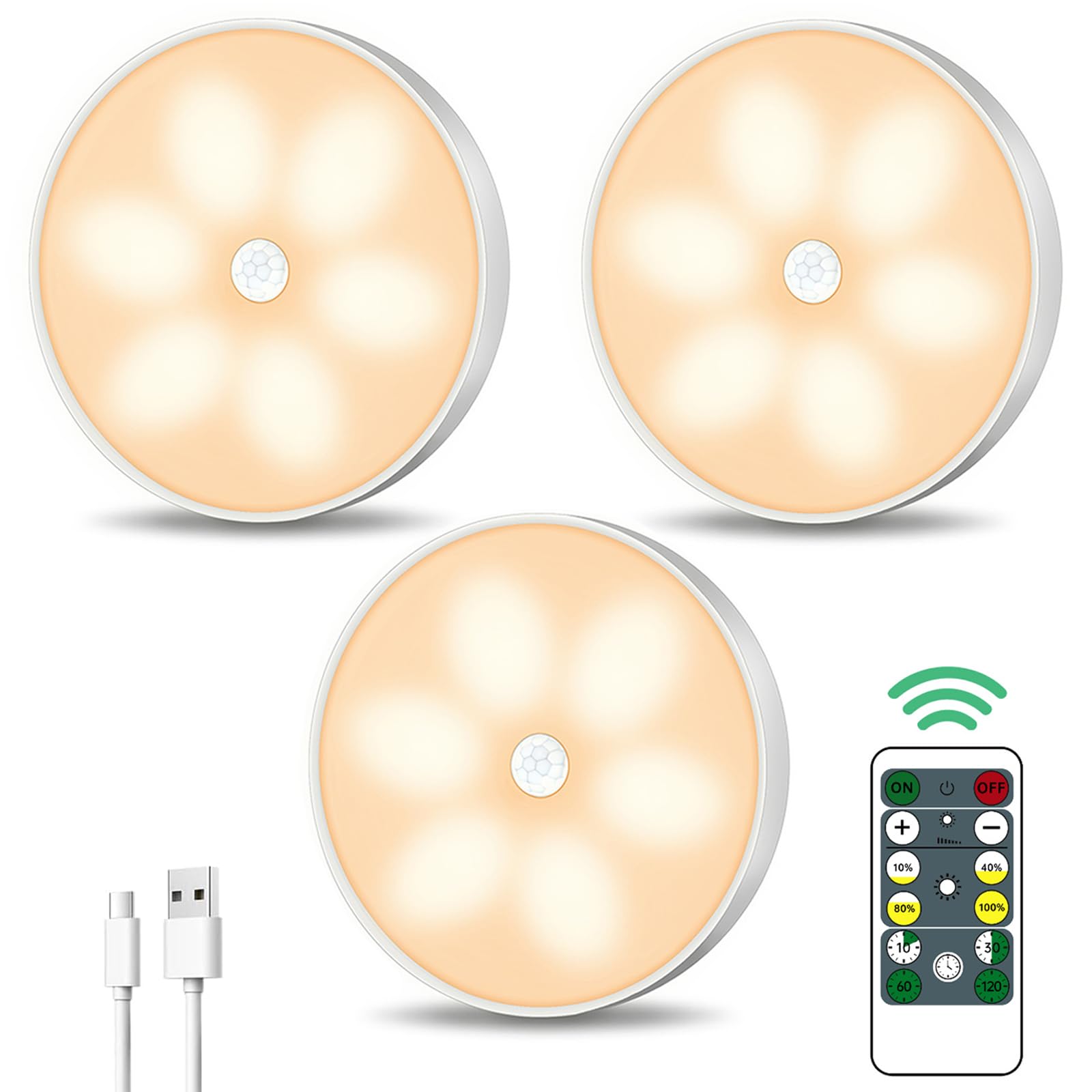 Warm Color LED Closet Lights Wireless Motion Sensor Puck Light, USB Rechargeable Battery Operated Puck Lights with Remote, Dimma