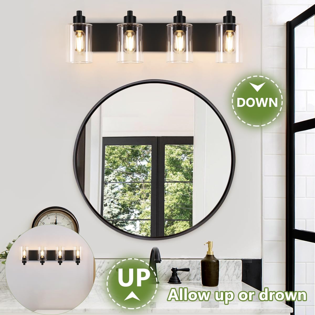 Dpyrrhic Bathroom Vanity Light, Modern Matte Black 4-Light Bathroom Lights Over Mirror With Clear Glass Shade,Wall Sconces For B