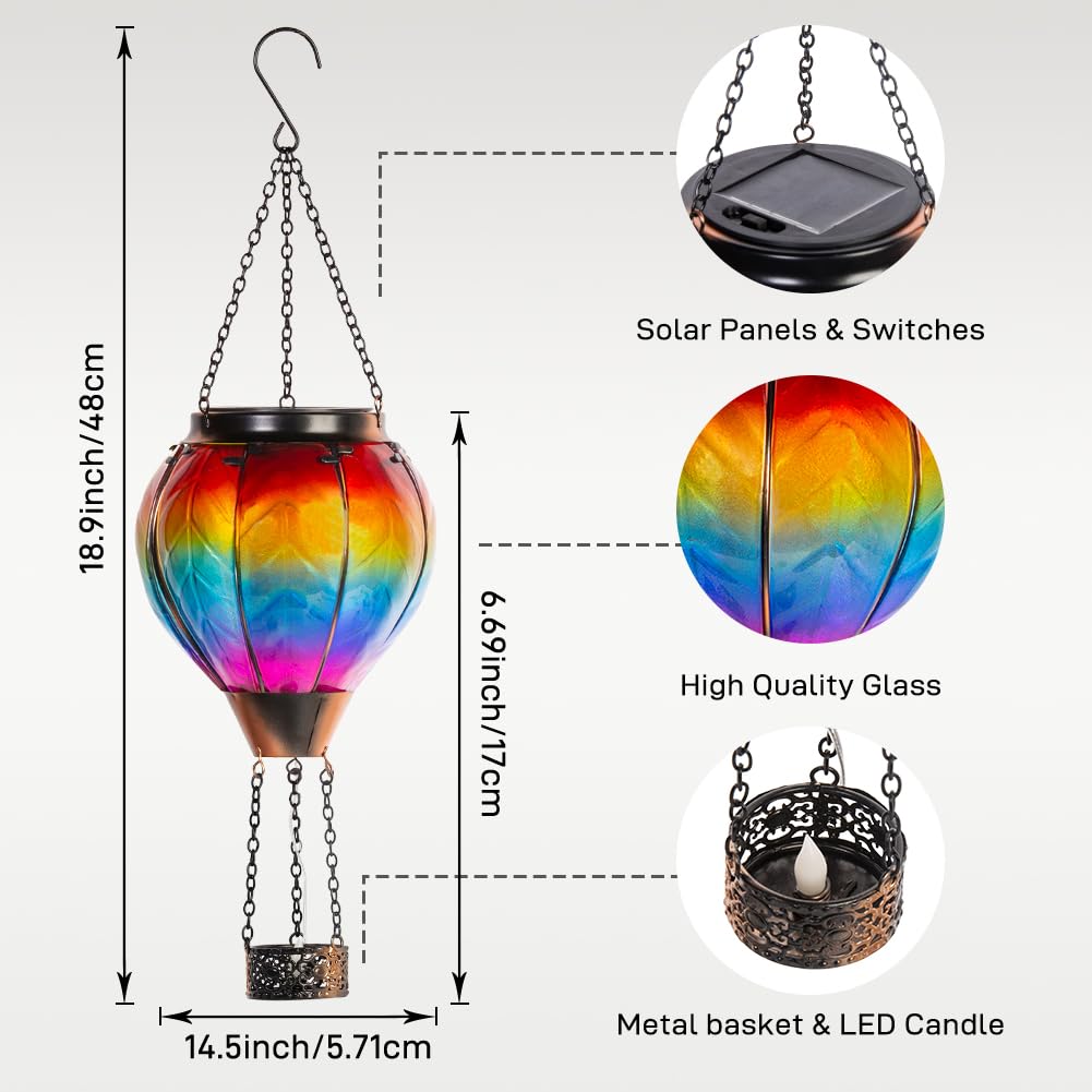 Starsoul Solar Lantern - 2 PC Rainbow Hot Air Balloon, Waterproof Glass, Colorful Outdoor Hanging Light for Garden Patio Party Decorations