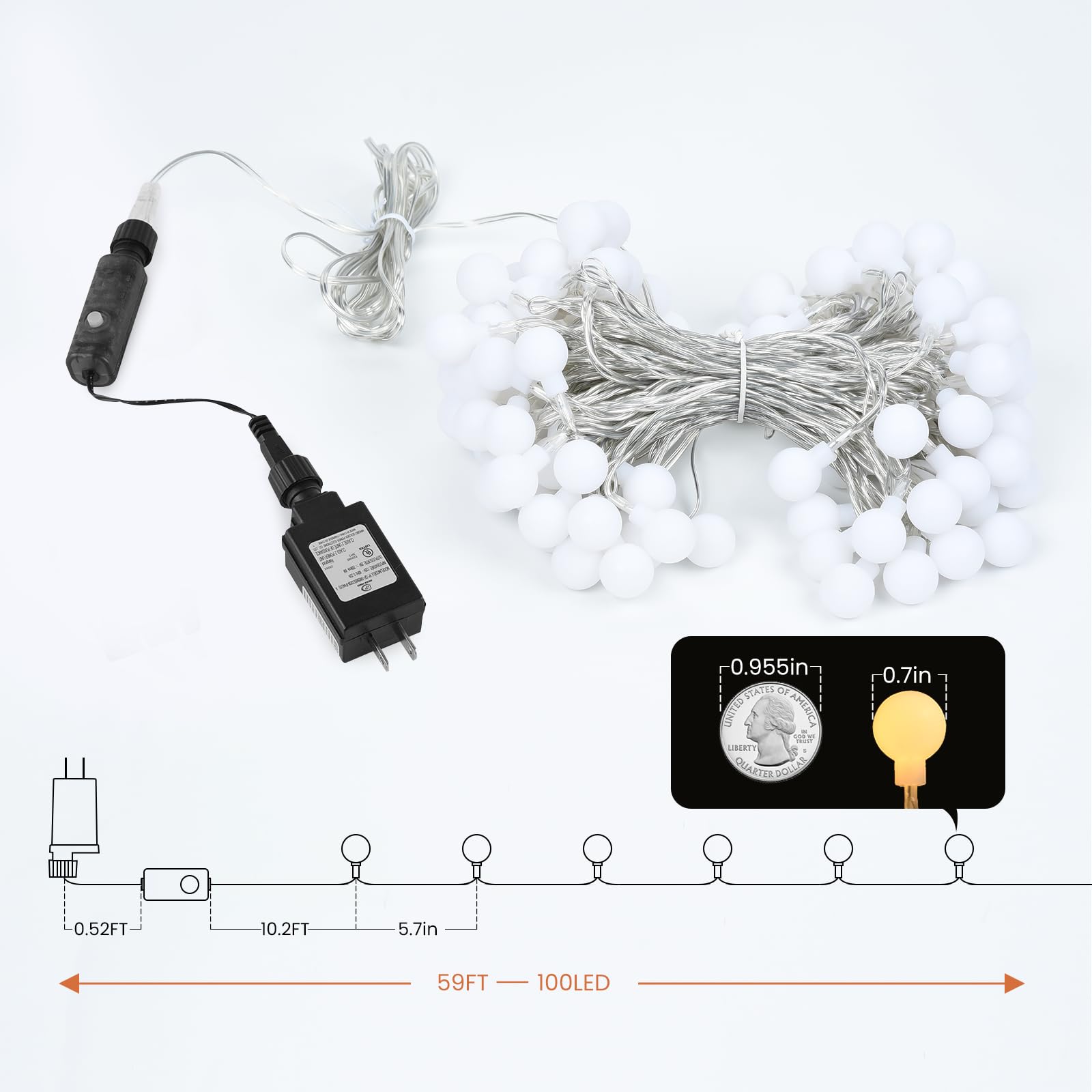 Dailyart Globe String Lights, 100 Led, 59Ft Warm White Fairy Lights, Waterproof, 8 Modes, Remote Control For Indoor/Outdoor Use