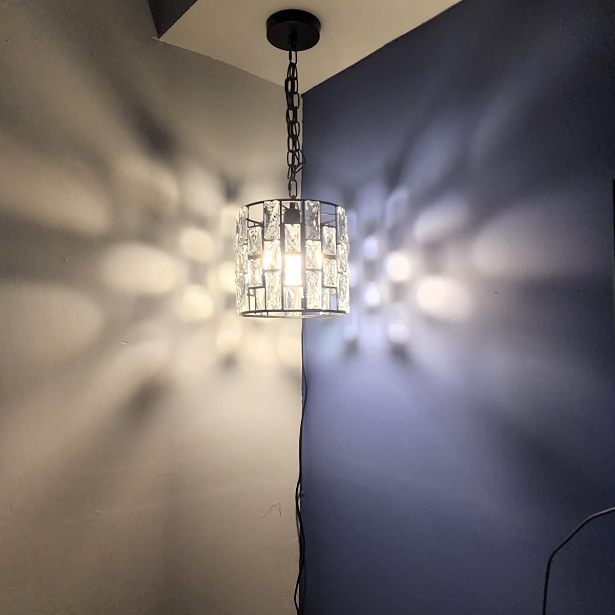YLONG-ZS Crystal Pendant Light, Plug-in with 16.4 FT Cord, Metal, Black, Model YL20-Black for Kitchen, Living Room, Dining Room