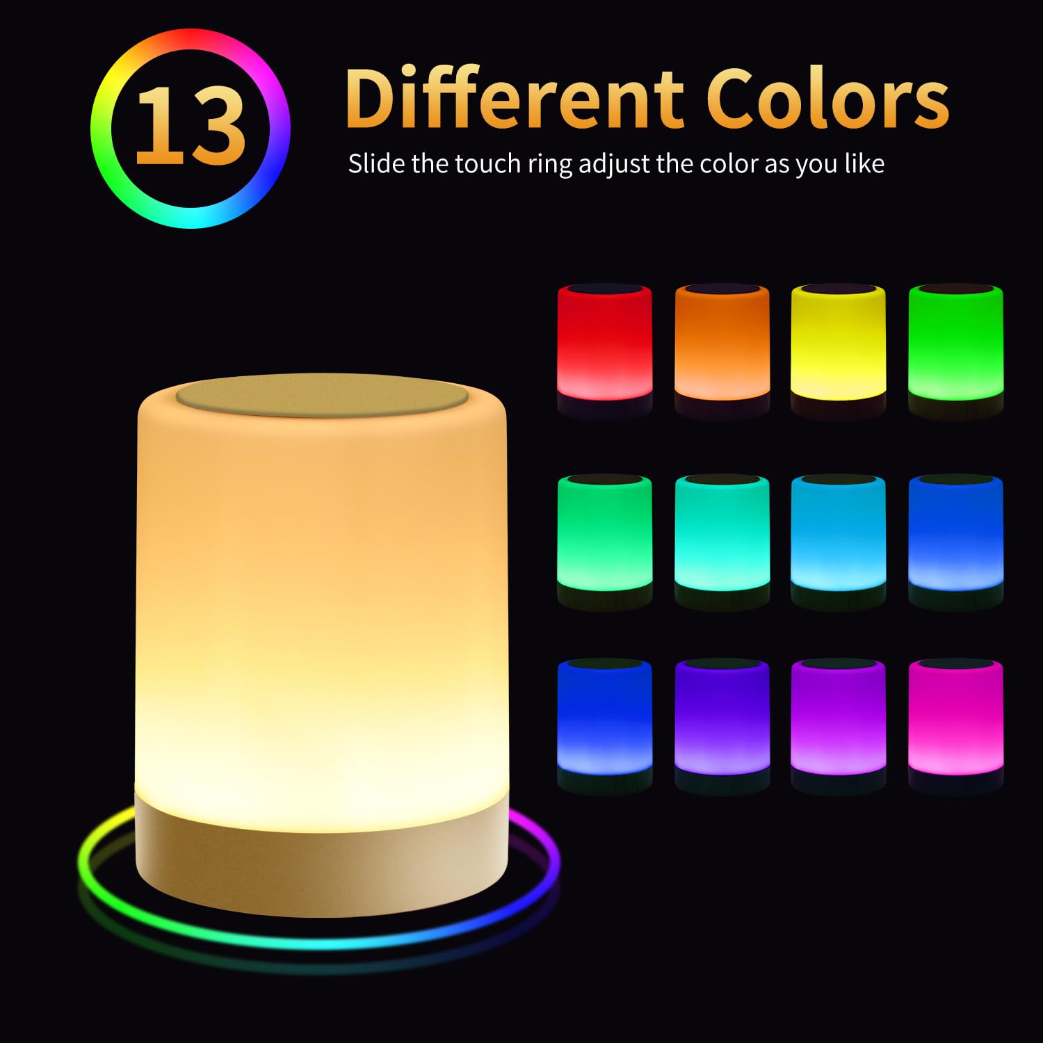 OORUN Touch Bedside Table Lamp, RGB Color Changing, Remote Control, Dimmable, 3.74inD x 3.74inW x 4.8inH, Gold, Model
