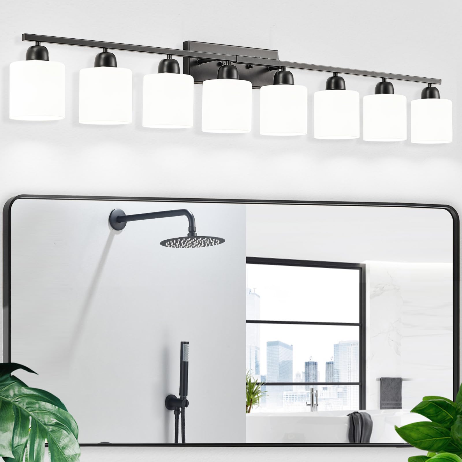 FAISHILAN 8-Light Black Bathroom Light Fixture, Modern Design with Frosted Glass Shades, 51 inch, E26 Base, Model FSL-212--NBH-8