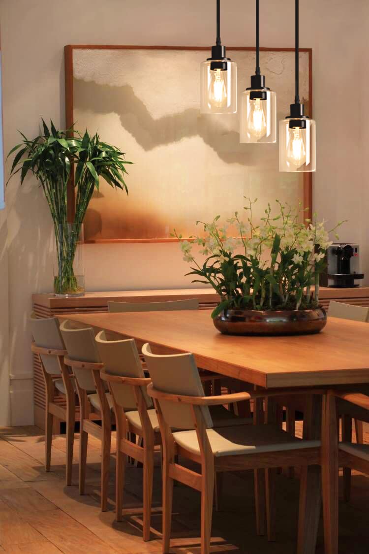MAXvolador 3-Light Pendant Light Fixture, Adjustable Hanging Lamp, Clear Glass Shade, E26 Base, Black, Model OMTZT-013