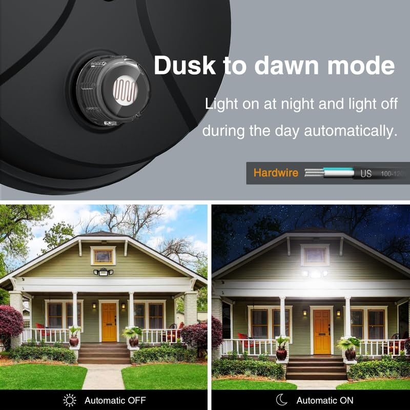 Onforu 60W LED Dusk to Dawn Flood Lights, 6000LM, IP65 Waterproof, 3 Adjustable Heads, 6500K Daylight White, Black, Model BDB