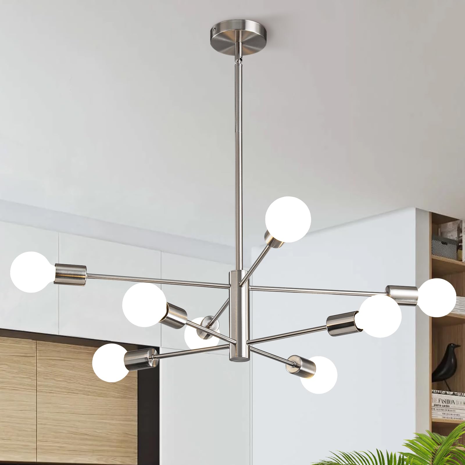 Kaisite Modern Chandelier Ceiling Light Fixture Brushed Nickel Sputnik Chandeliers For Bedroom Living Room 8-Light Height Adjust