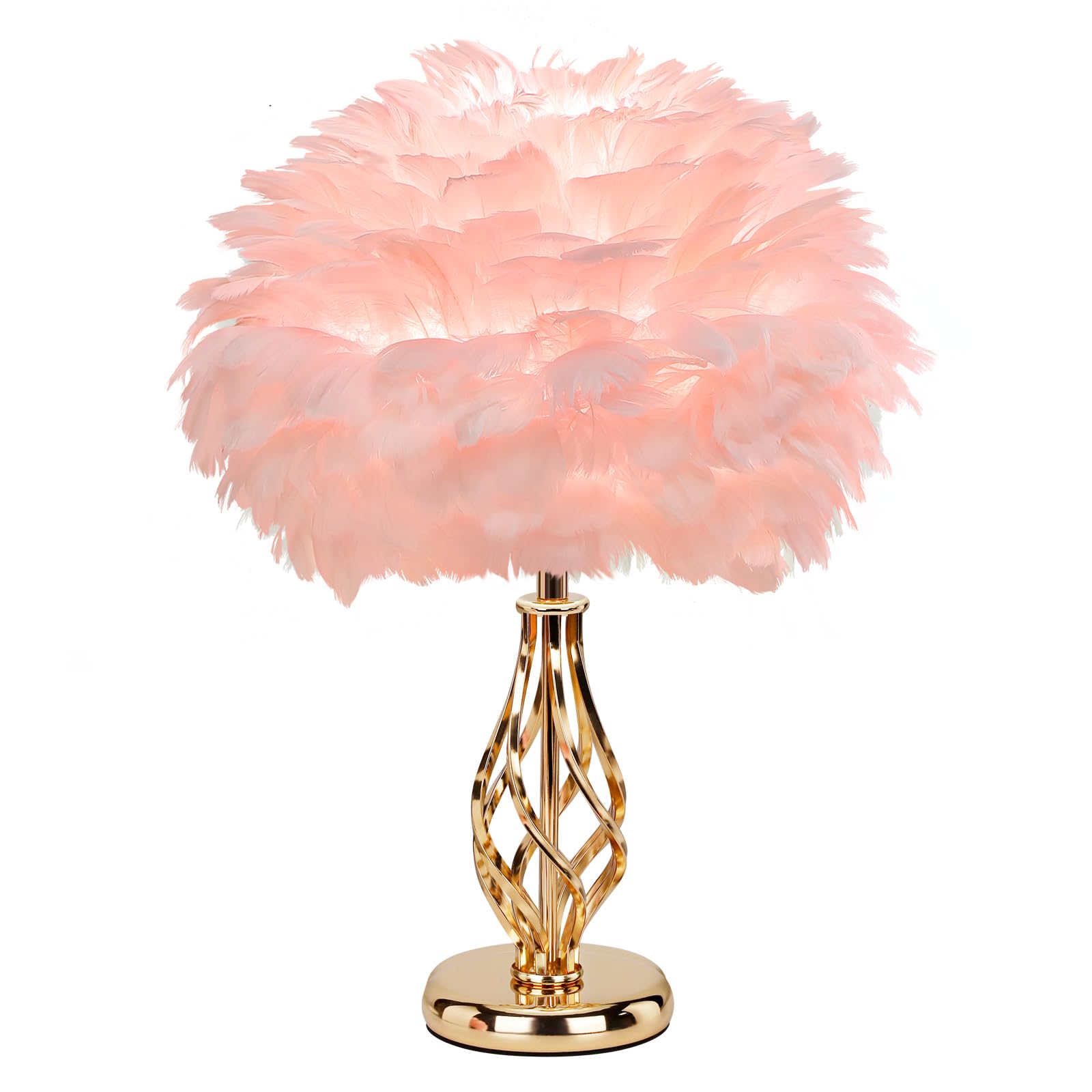 Lincwonz Feather Table Lamp With Unique Golden Spiral Cage Base - 3-Color Temperature Light, Perfect For Girls' Bedroom Bedside 