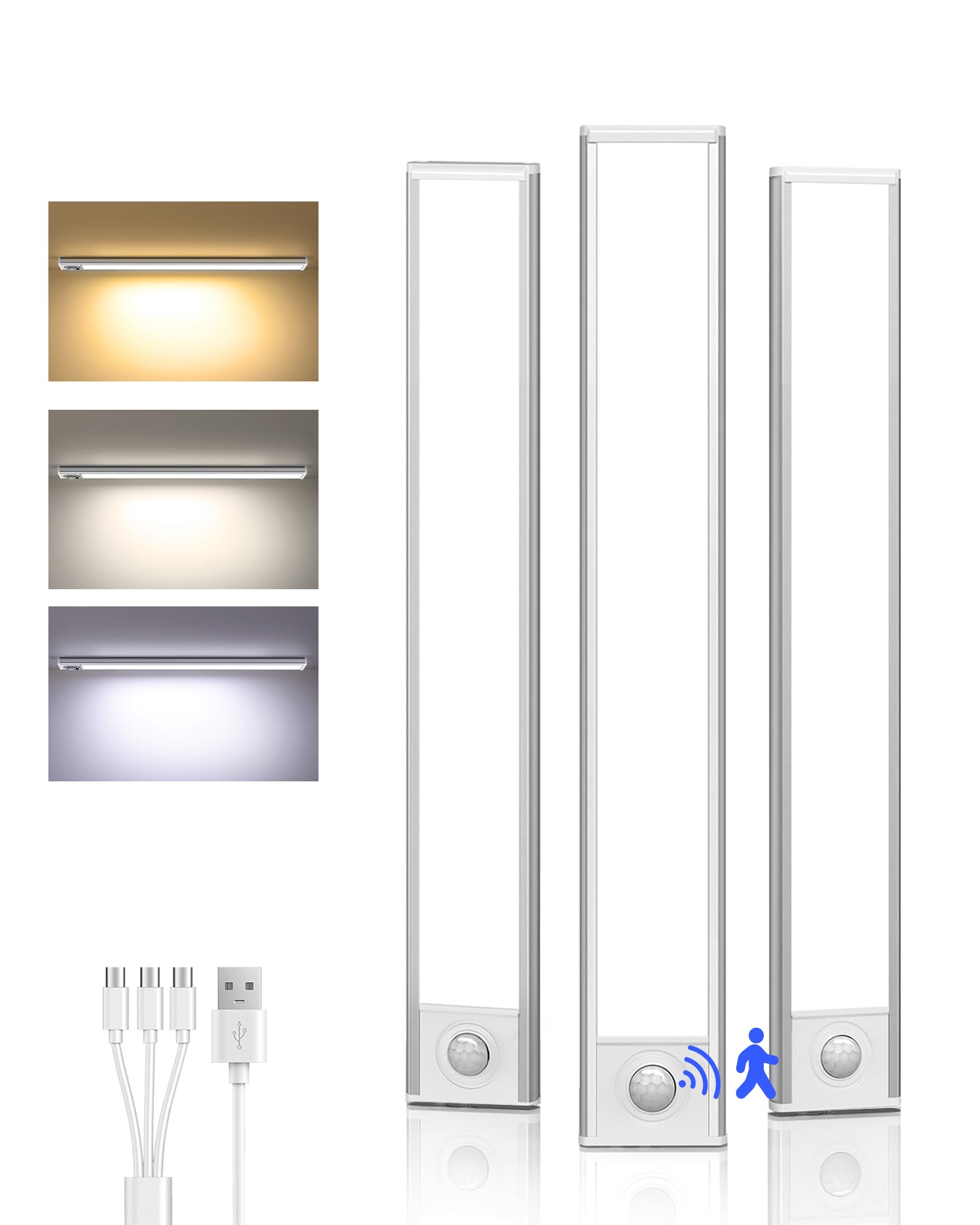 AMETHEUS Under Cabinet Lighting Wireless Motion Sensor LED Lights, 3 Color Dimmable, USB Rechargeable, 8 Inch, 3 Pack