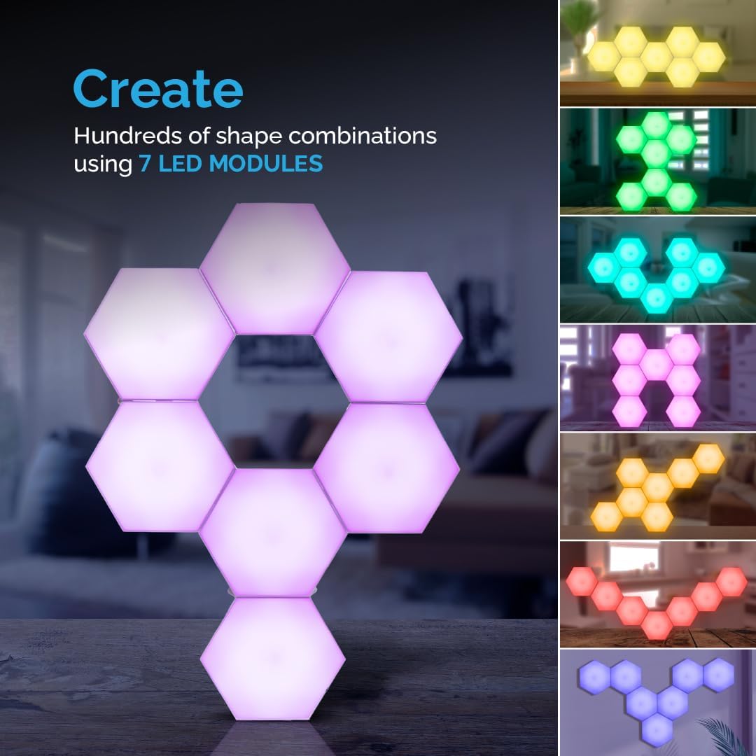 Emberela HEXlights 7-Pack RGB Hexagon LED Wall Panels - Touch & Remote Control, Plastic, Game Room Decor, Model ESEMHL-7