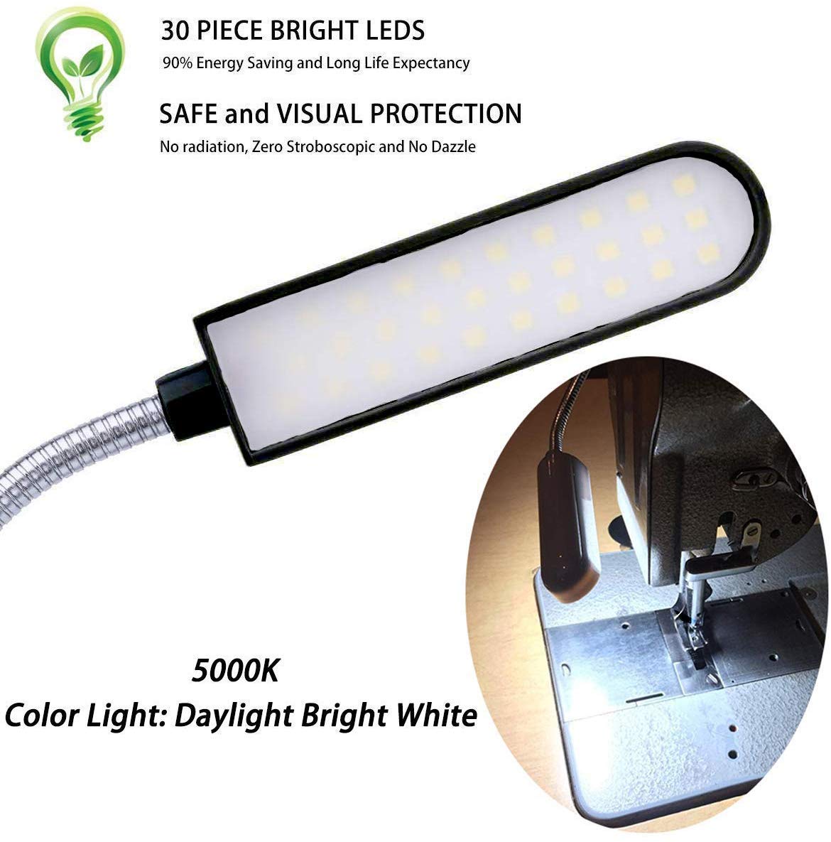 EVISWIY Sewing Machine Light LED Lighting (30LEDs) 6 Watt Multifunctional Flexible Gooseneck Arm Work Lamp with Magnetic Mountin