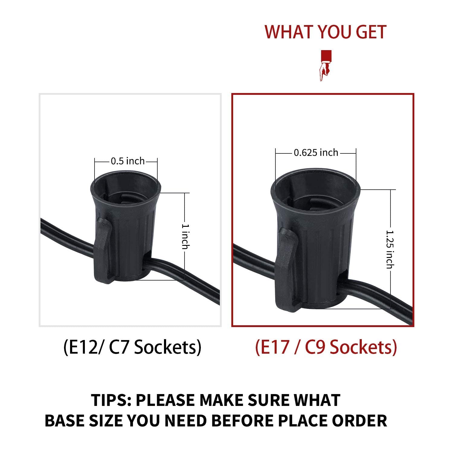 C9 Light String 200 Ft For E17 Socket -12'' Spacing, Outdoor C9 String Christmas Stringer With 100 Sockets 2Pack (Total 200 Ft)