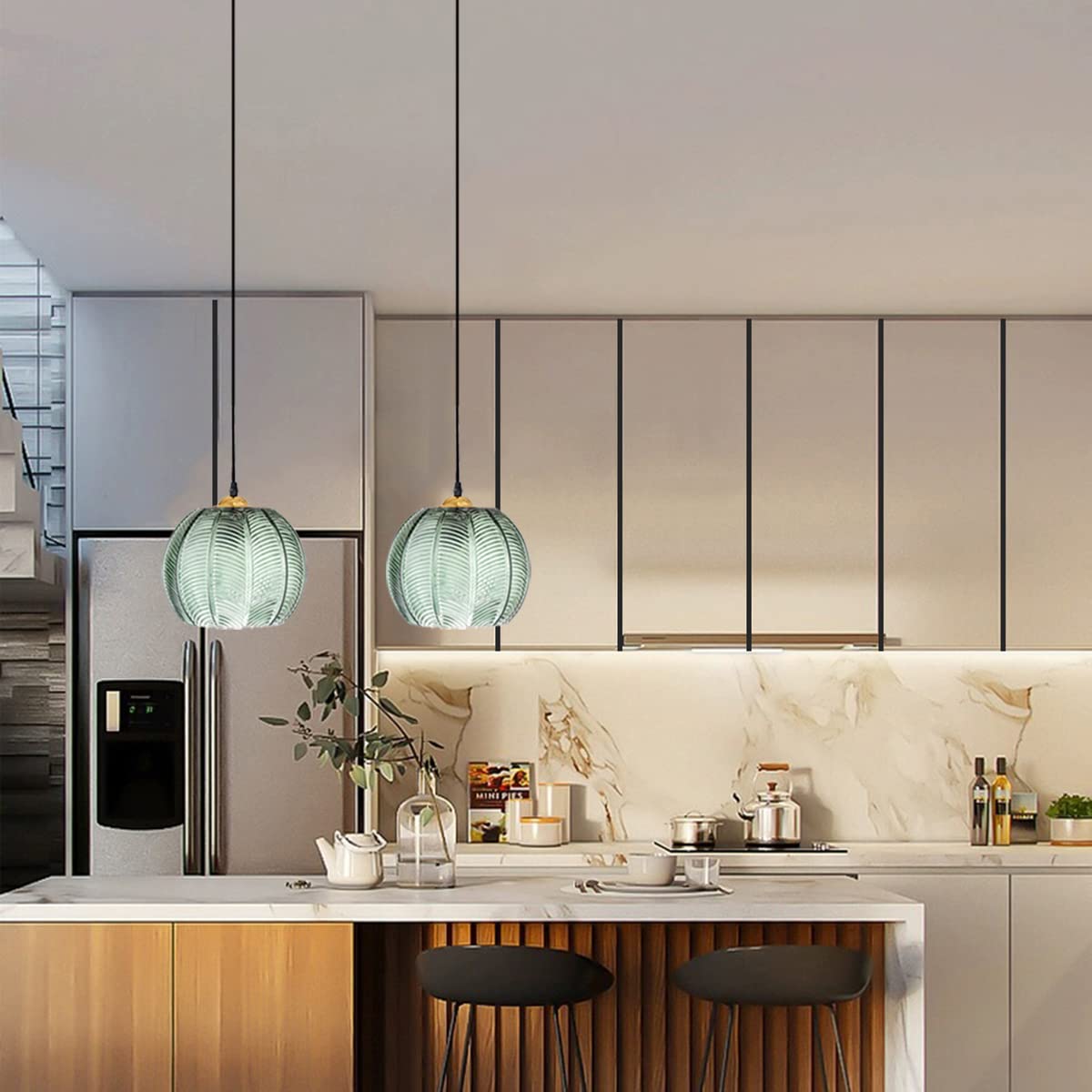 Aoodu Glass Pendant Light Fixture 1-Light Modern Mini Pendant Lighting Green Ribbed Glass Shade Globe Pendant Light For Kitchen