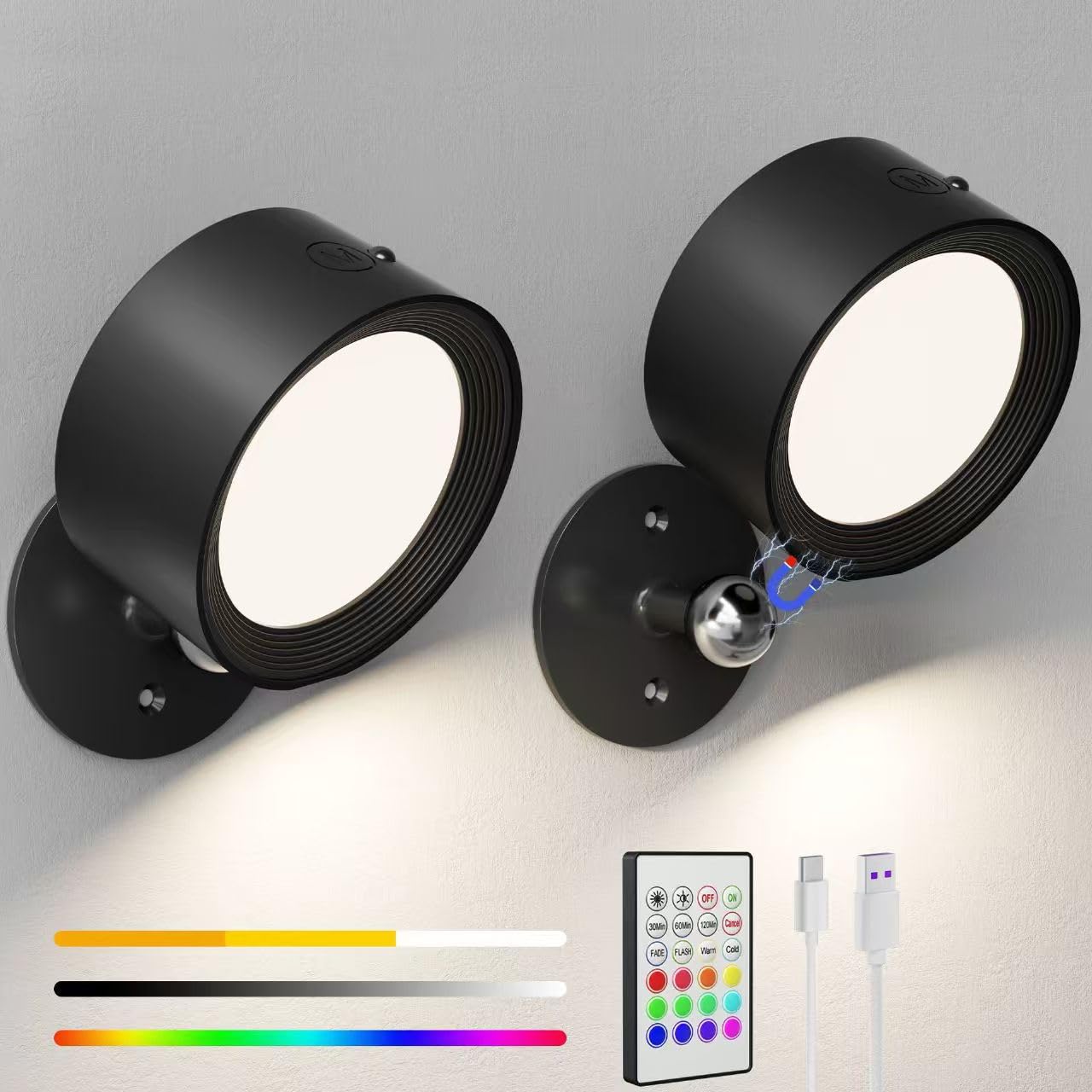 Yuewilai Magnetic Wall Sconce Dimmable, 2 Pack Rechargeable Battery Operated USB, Picture Painting Wall Light with Remote, Hallo