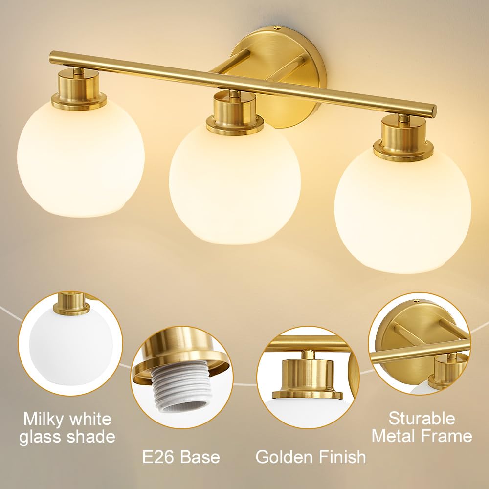 Lanmate Bathroom Vanity Light Fixture 3-Light Milk White Shade 21.65 inch Brass Gold Mid Century Wall Sconce