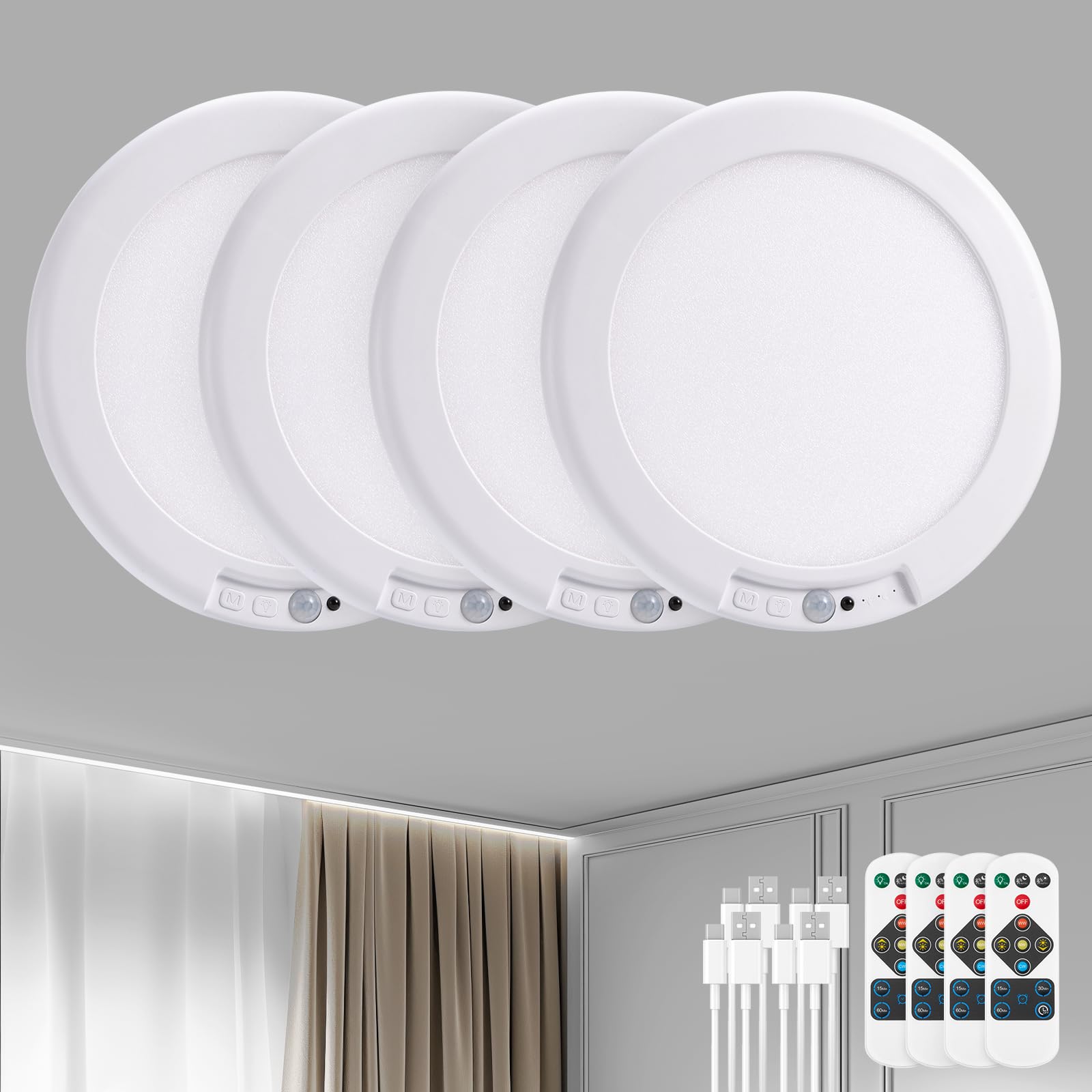 Bojim Wireless Shower Light, 4 Pack Rechargeable Ceiling Lamp, Motion Sensor, 7.5 In, White, Model T070