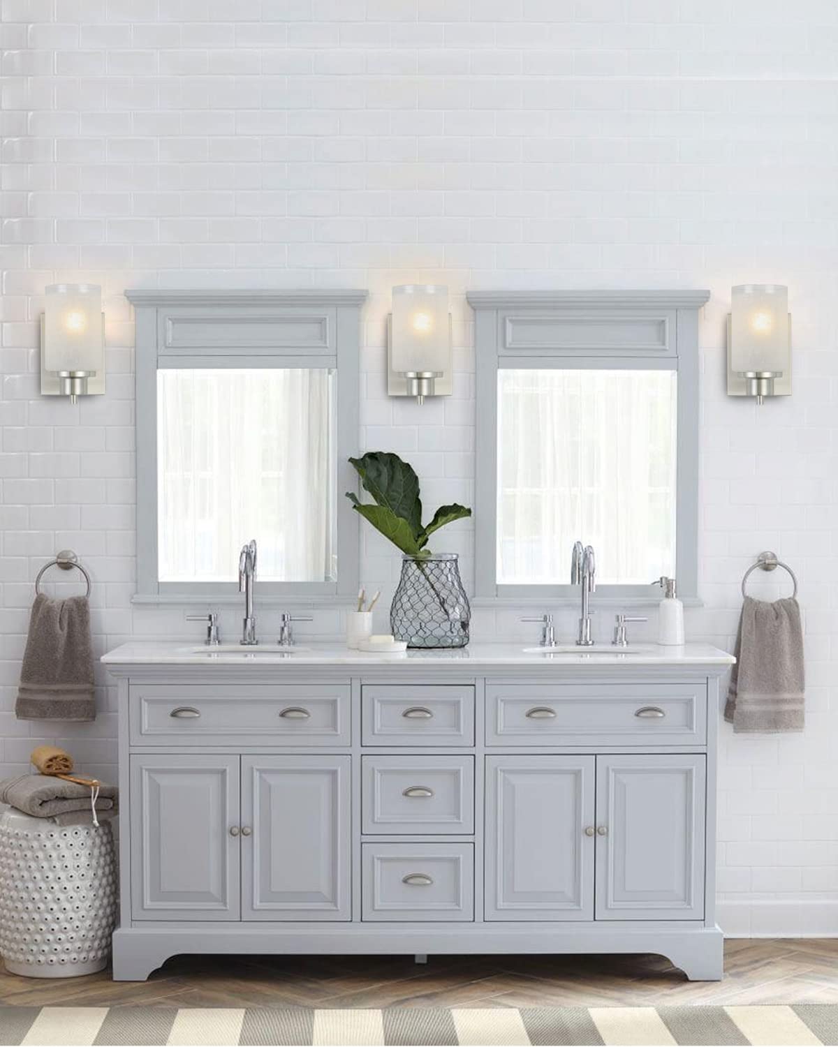 Eidonta 2 Pack Bath Vanity Light Fixture - Modern Wall Sconce with White Linen Frosted Glass Shades, Brush Nickel Finish for Bathroom, Kitchen, Entryway