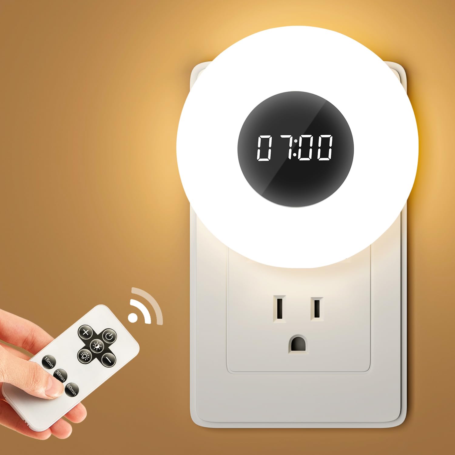 One Fire Night Light, 2PCS LED Plug-in Night Lights, Dimmable, 3 Light Colors, Bathroom Clock, Remote & Timer, ABS Material