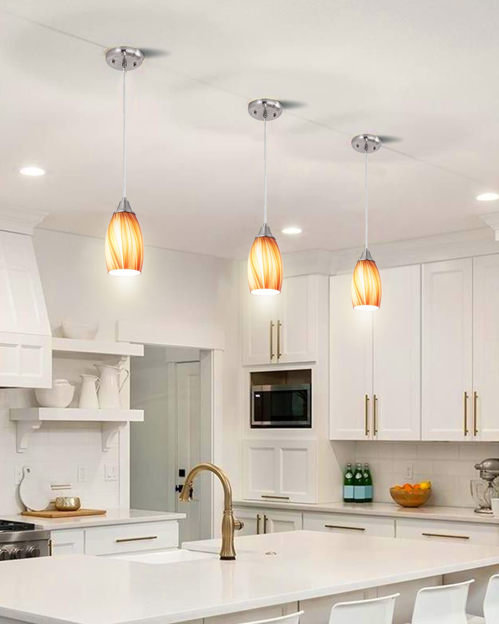 Karyfine Art Glass Mini Pendant Lights For Kithen Island Blown Glass Pendant Lighting Shade With Brushed Nickel Finish 3Pack Hanging Pendant Light Kitchen Counter,Dining/Living Room Red Orange