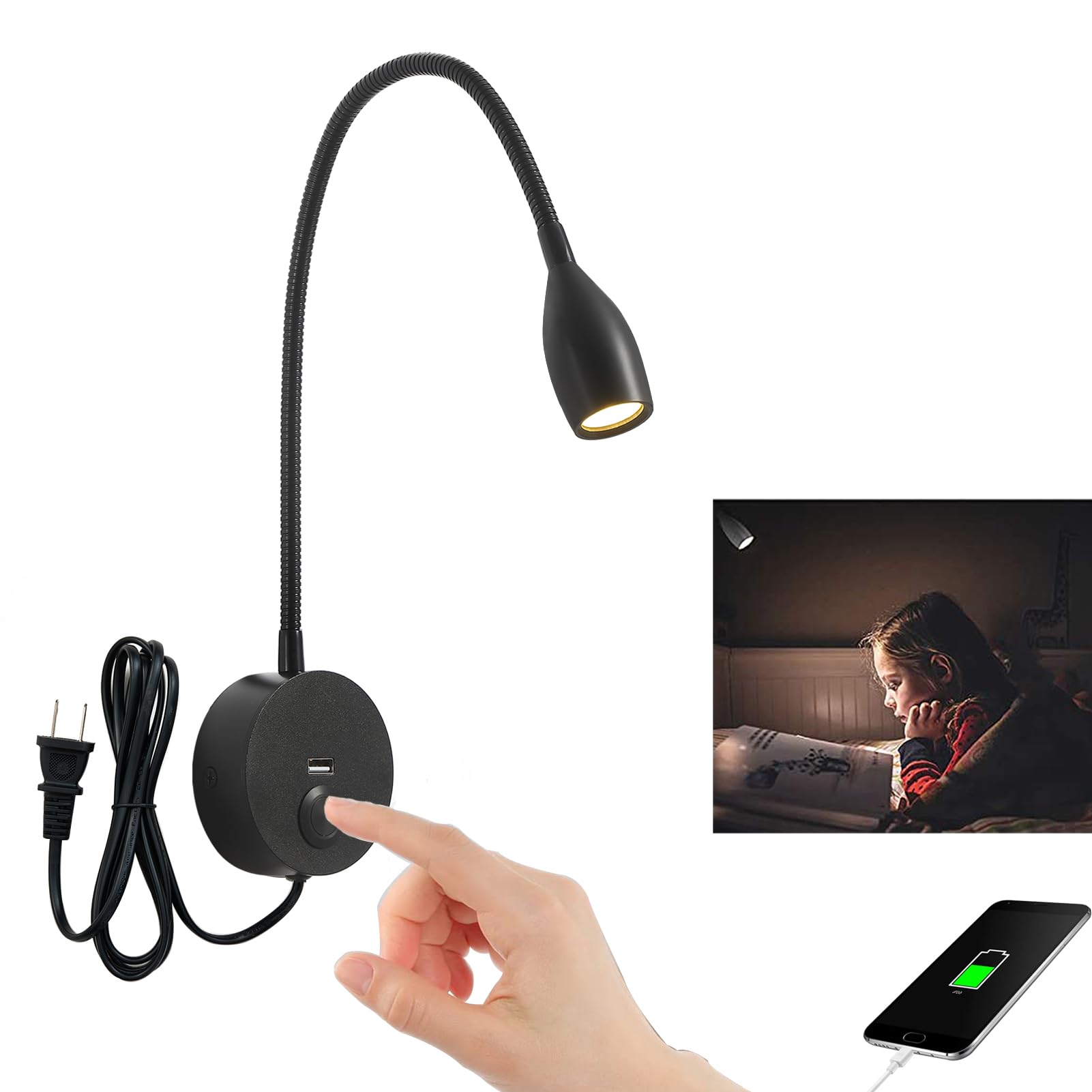 Crisetek Reading Light Wall Mounted Reading Light Headboard Touch Switch Dimmable Reading Lamp Task Directional Led Gooseneck Light Ac (120V) Powered 3W (Matte Black, Warm White)