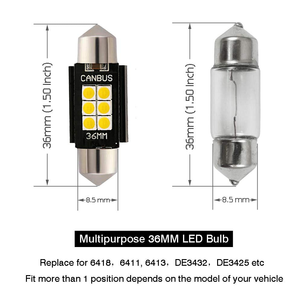 iBrightstar 6411 6418 C5W Festoon LED Bulbs, 36mm, White, Error Free for Dome & License Plate Lights