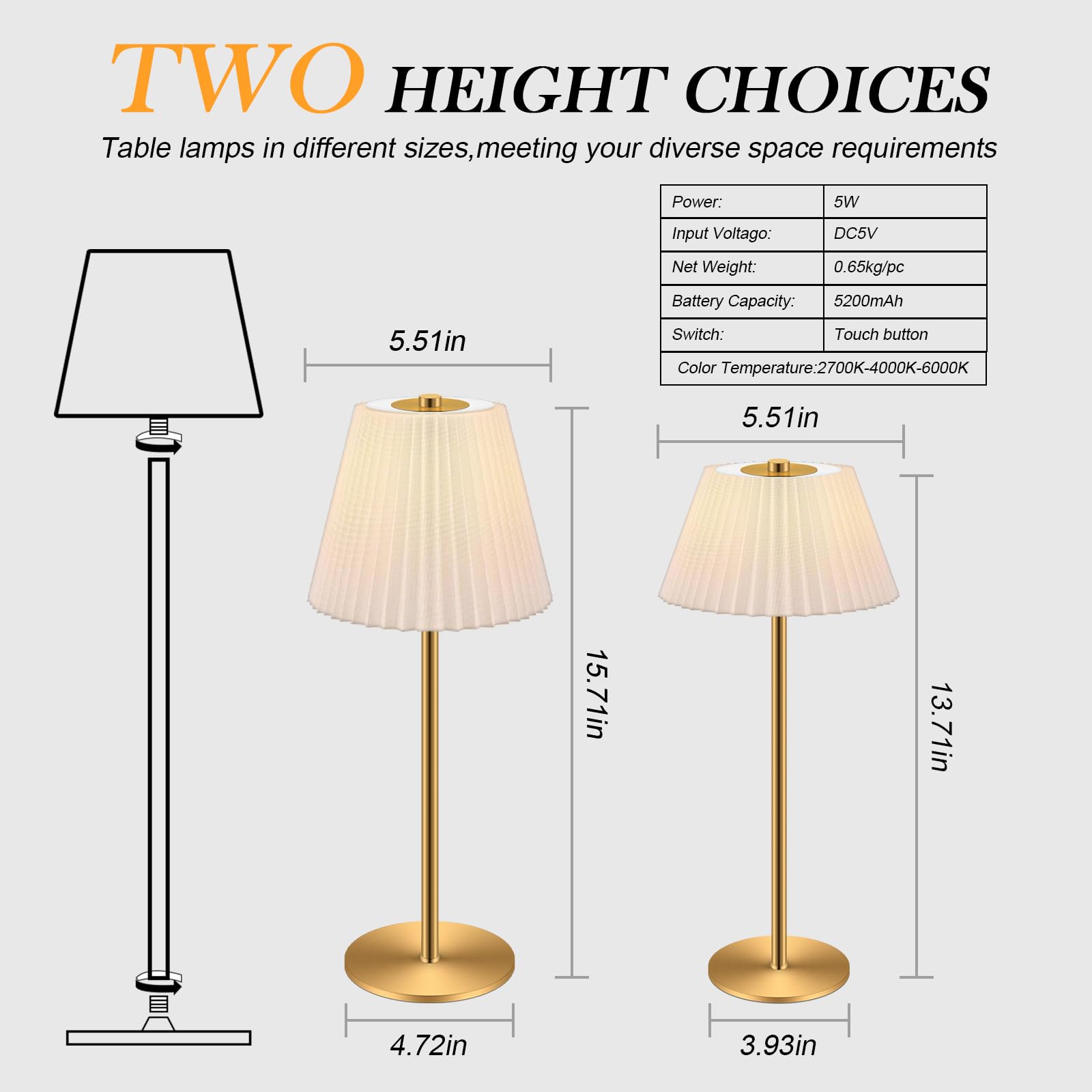 Cordless Table Lamp Rechargeable Gold,1 Pack Fabric Shade 5200Mah Battery Operated Lamp For Decor,Stepless Dimming 3 Lighting Mo
