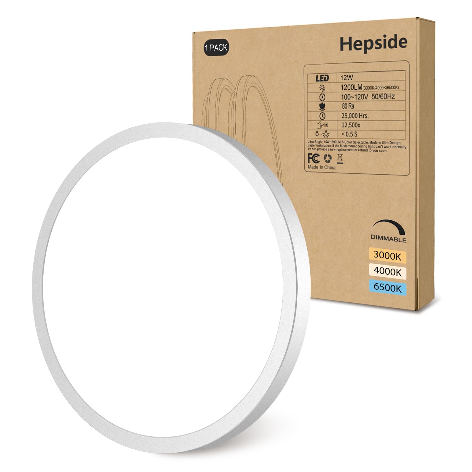 1PACK Flush Mount LED Ceiling Light Fixture - White, 6.5Inch 12Watt, Dimmable & 3000K-4000K-6500K 3 Color Selectable Ceiling Lam