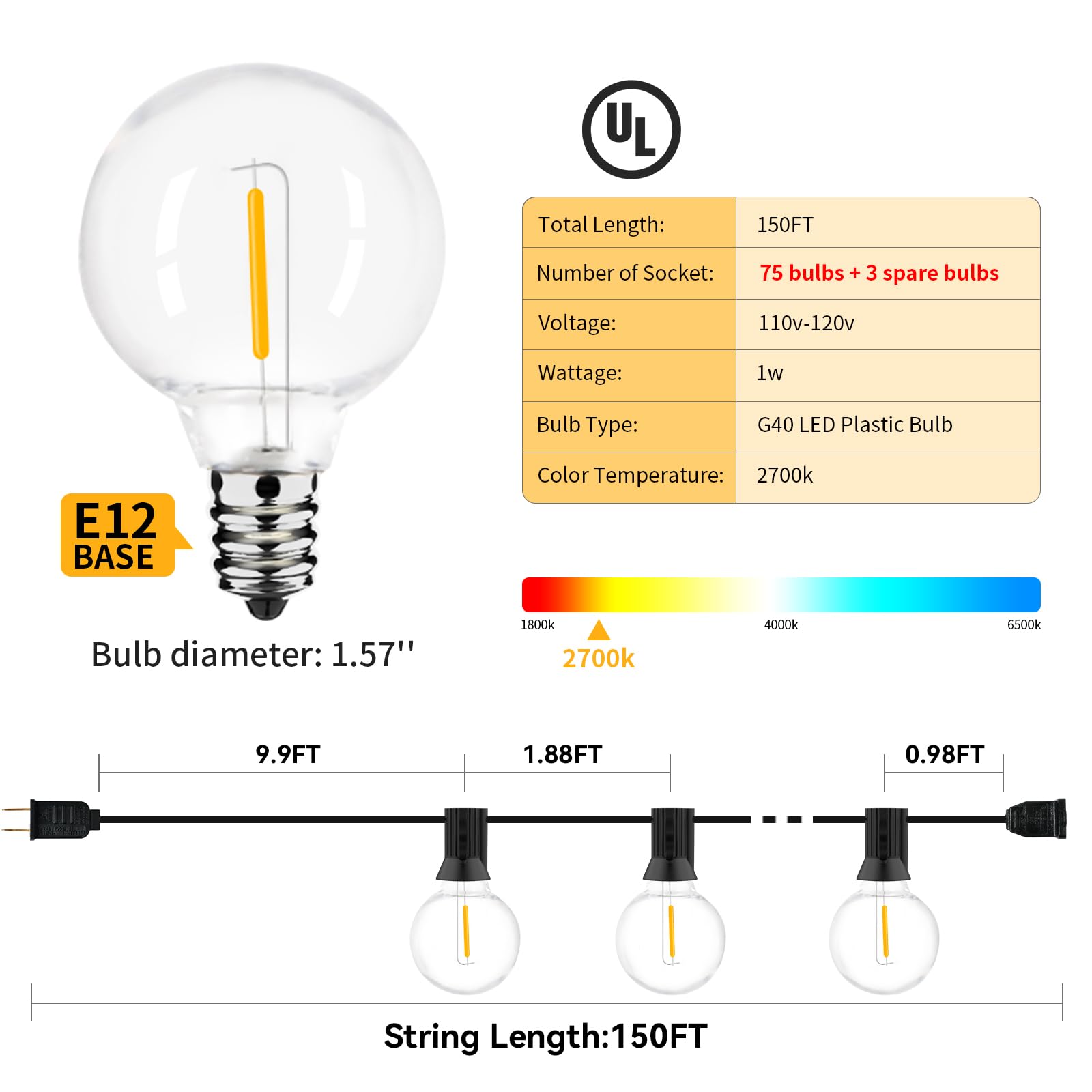 Arbrac Outdoor String Lights, 150ft, 78 Dimmable G40 LED, Shatterproof, Warm White, UL Approved, Waterproof