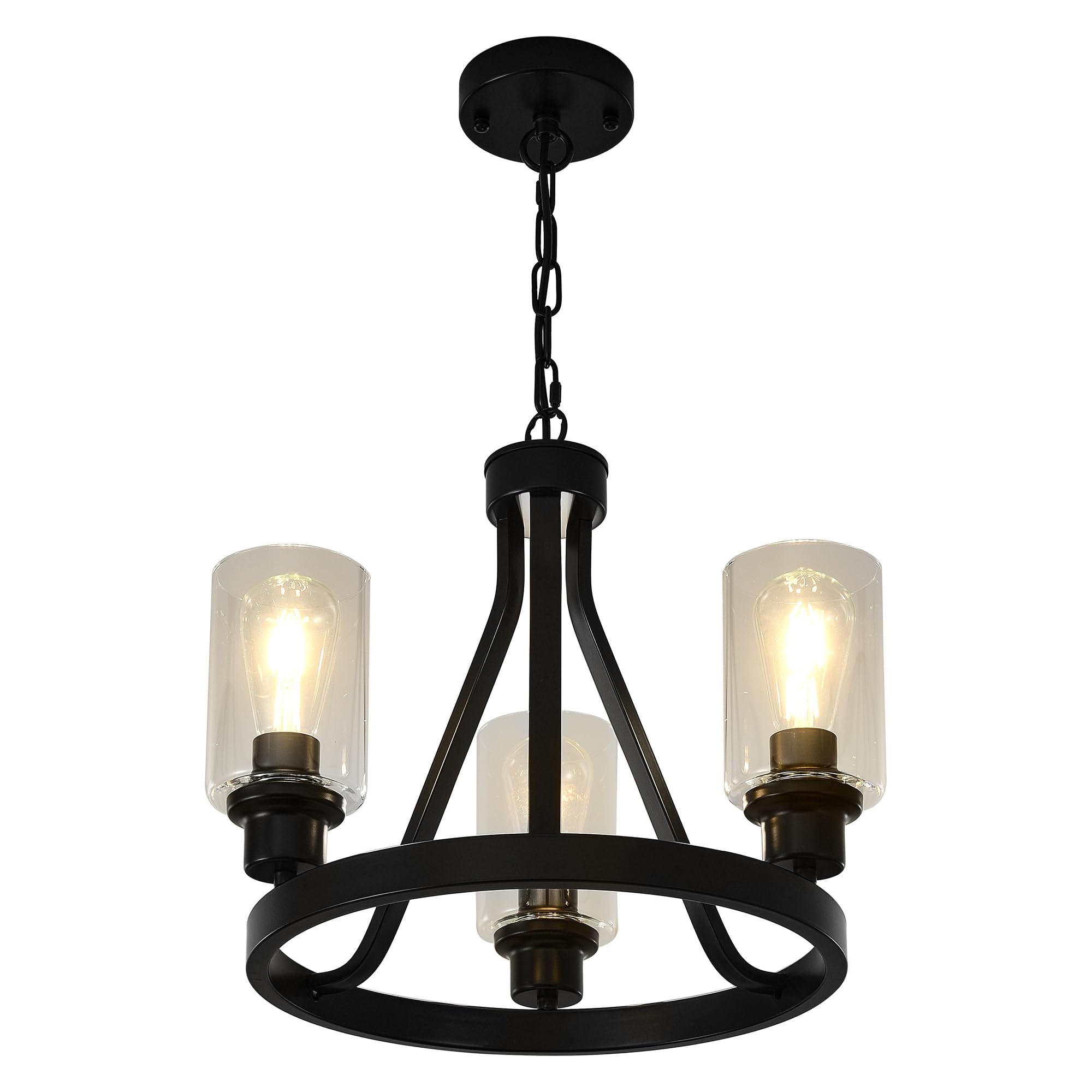 Sivilynus Black Farmhouse Chandelier Lighting Round 3 Lights with Glass Shade Ceiling Hanging Vintage Rustic Light Fixture for D