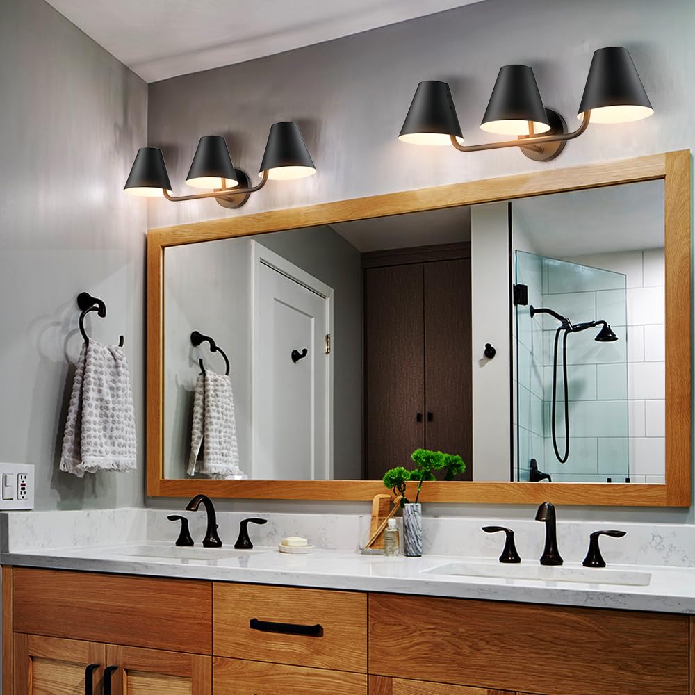 DIRYZON 3-Light Bathroom Vanity Light, Industrial Black Wall Sconce, Metal Shade, Model T3307-3BU-BK