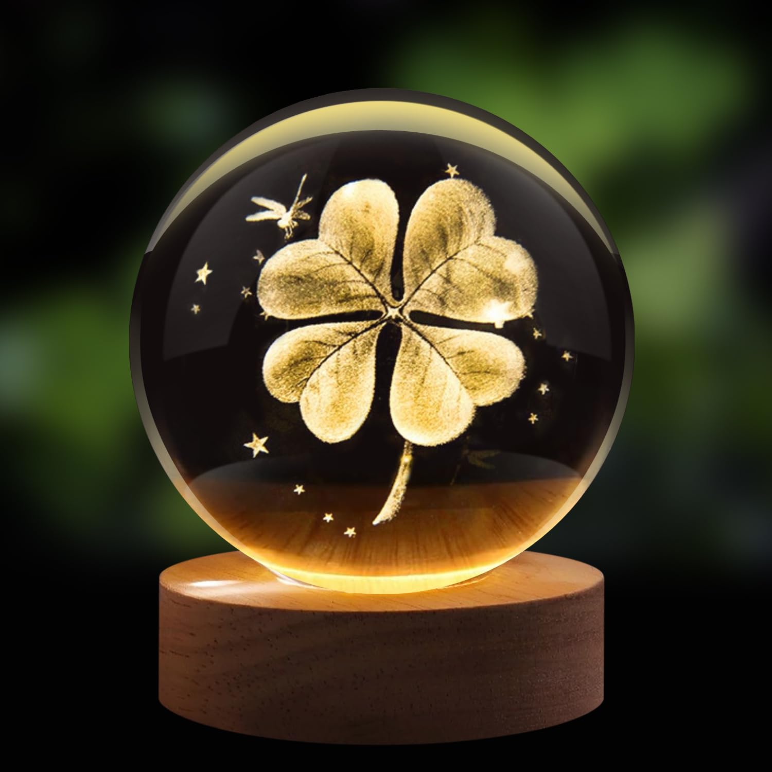 Flexzion 3D Clover Crystal Ball Night Light - Led Light Hologram Glass Lamp With Solid Wood Base  Usb Powered Crystal Ball Lamp With Adjustable Brightness For Home Decor Display Gift  2.4Inch(60Mm)