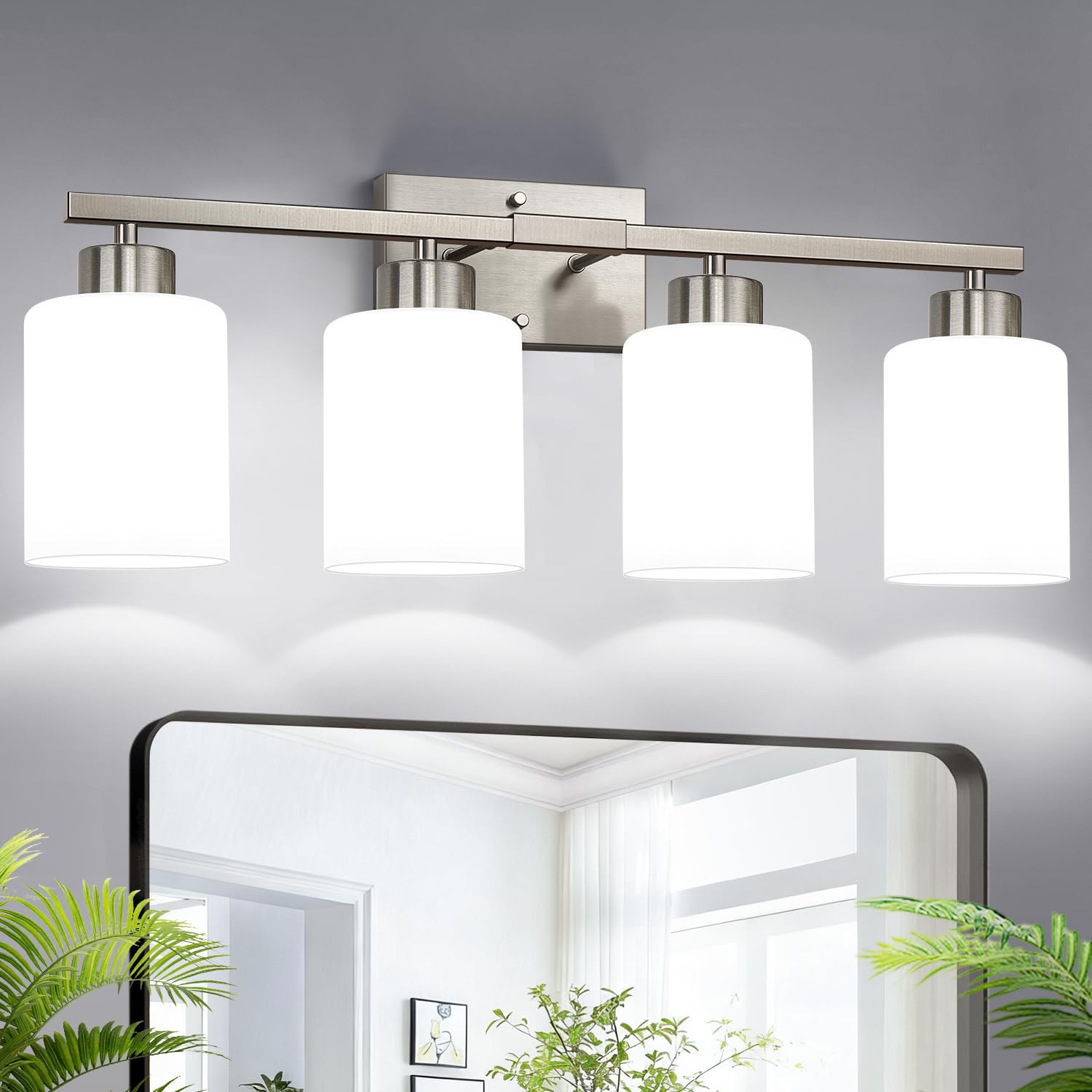 Brushed Nickel Bathroom Light Fixtures with Milk Glass Shades  Eye-Friendly 3 Light Vanity Lights for Bathroom  Vanity Lights with E26 Socket (Bulbs Not Included)  for Mirror  Bedroom  Hallway