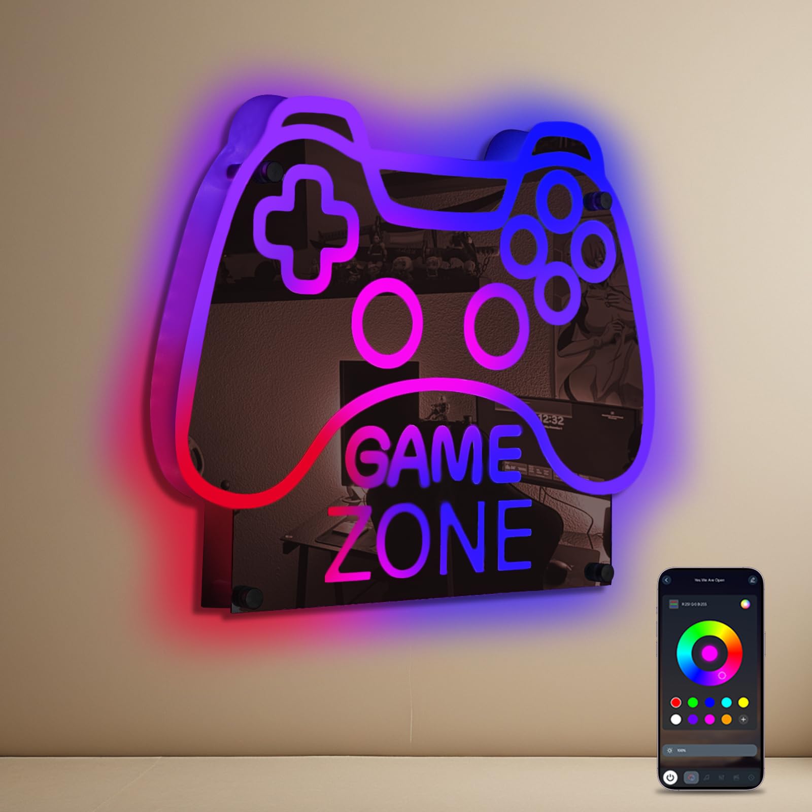 ineonlife Game Zone Controller Neon Sign LED Lights for Gaming Room 11.42 x 14.17 inches Mirrored Colorful Design