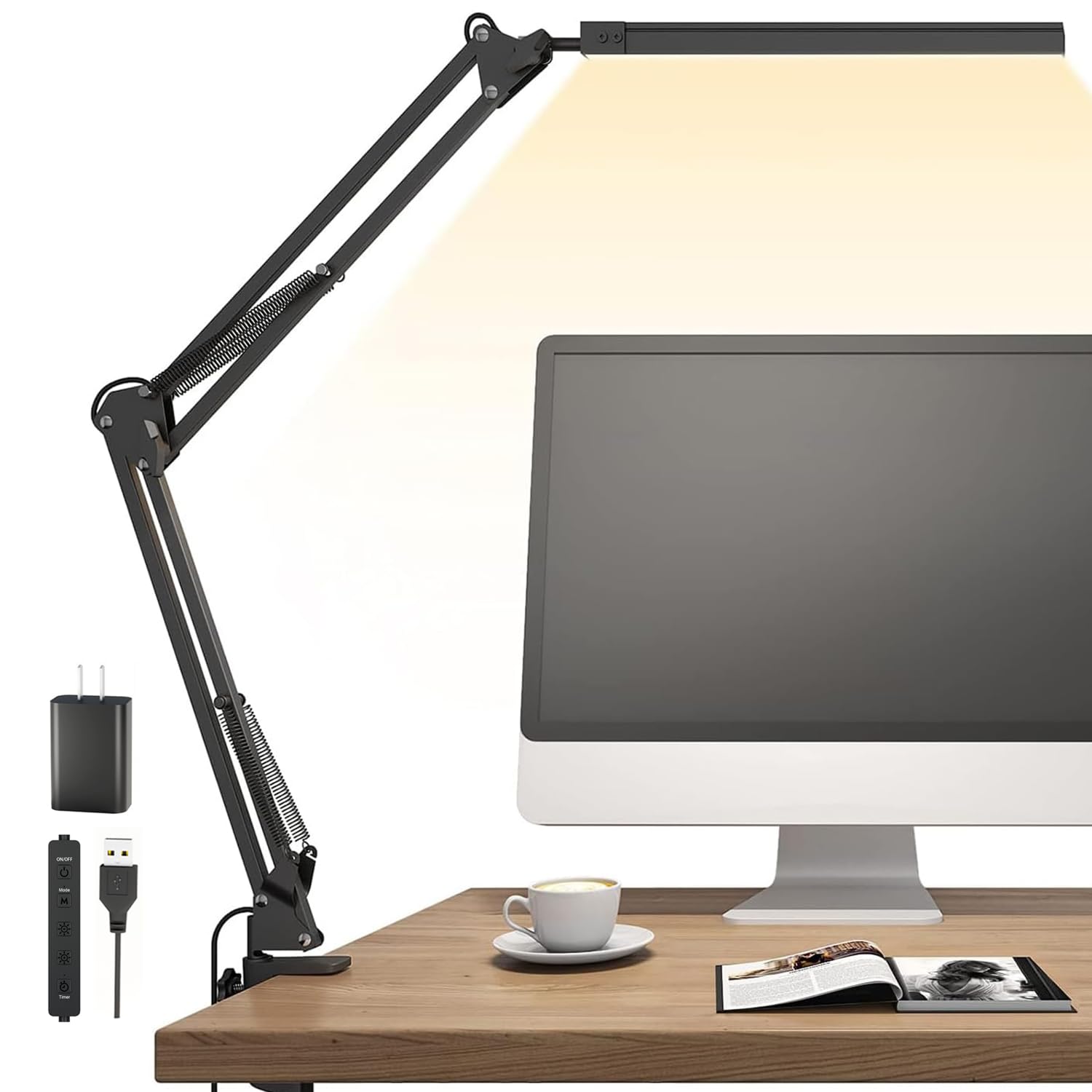 TROPICALTREE LED Desk Lamp, Swing Arm Light with 3 Modes, 10 Brightness Levels, USB Adapter, Black-Aluminum Clip