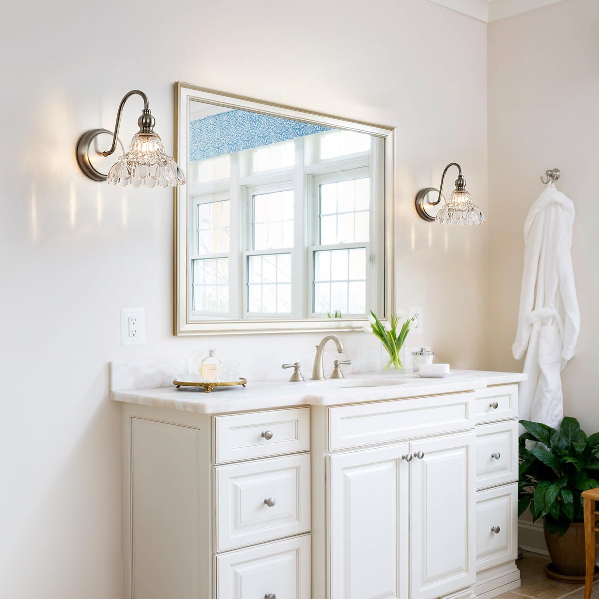 TLOLGT Brushed Nickel Wall Sconce - Modern 1-Light Bathroom Vanity Light Fixture, Glass, Model SN66-1