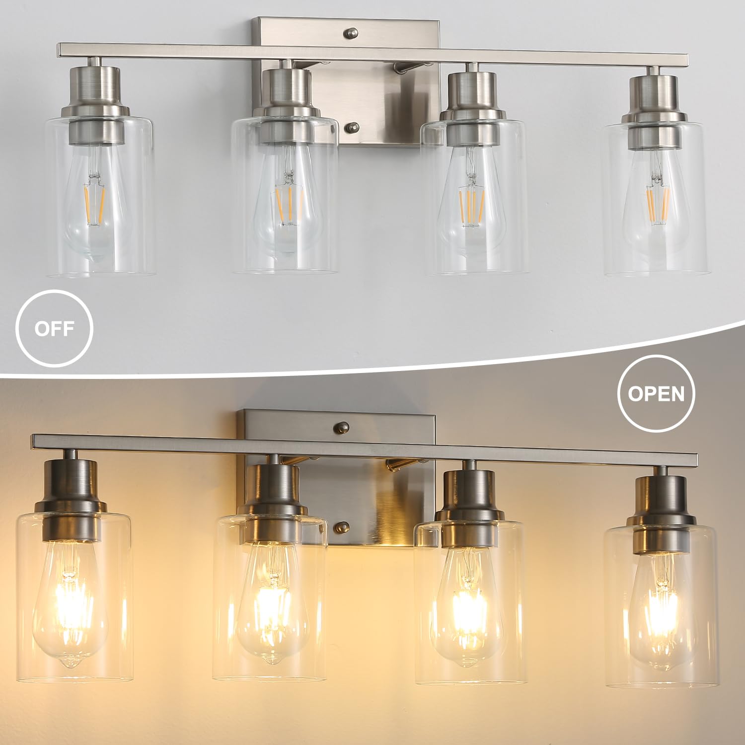 Jodauirt Modern Wall Lighting 4-Lights Brushed Nickel Wall Lamp Fixtures,24" Vintage Wall Sconces With Clear Glass Shades, Farmhouse Bathroom Vanity Light ?For Mirror,Bedroom,Living Room