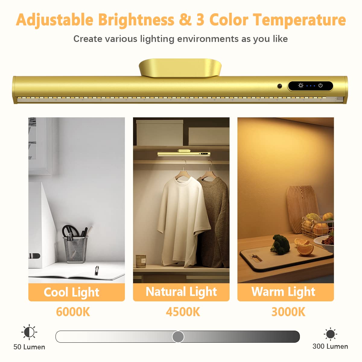 bravzurg Rechargeable LED Light Bar with Remote, Dimmable, Wireless, Aluminum, Without Motion Sensor, Gold, Model YZYK350-GD03