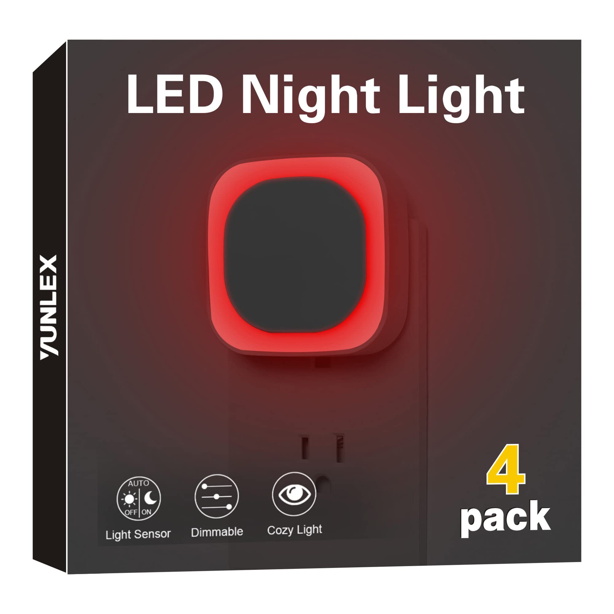 YUNLEX 4 Pack Plug in Dimmable Red Night Light, Auto Dusk to Dawn Sensor,Soft Glow, Diffused Light, LED Night Light for Kids, Ad
