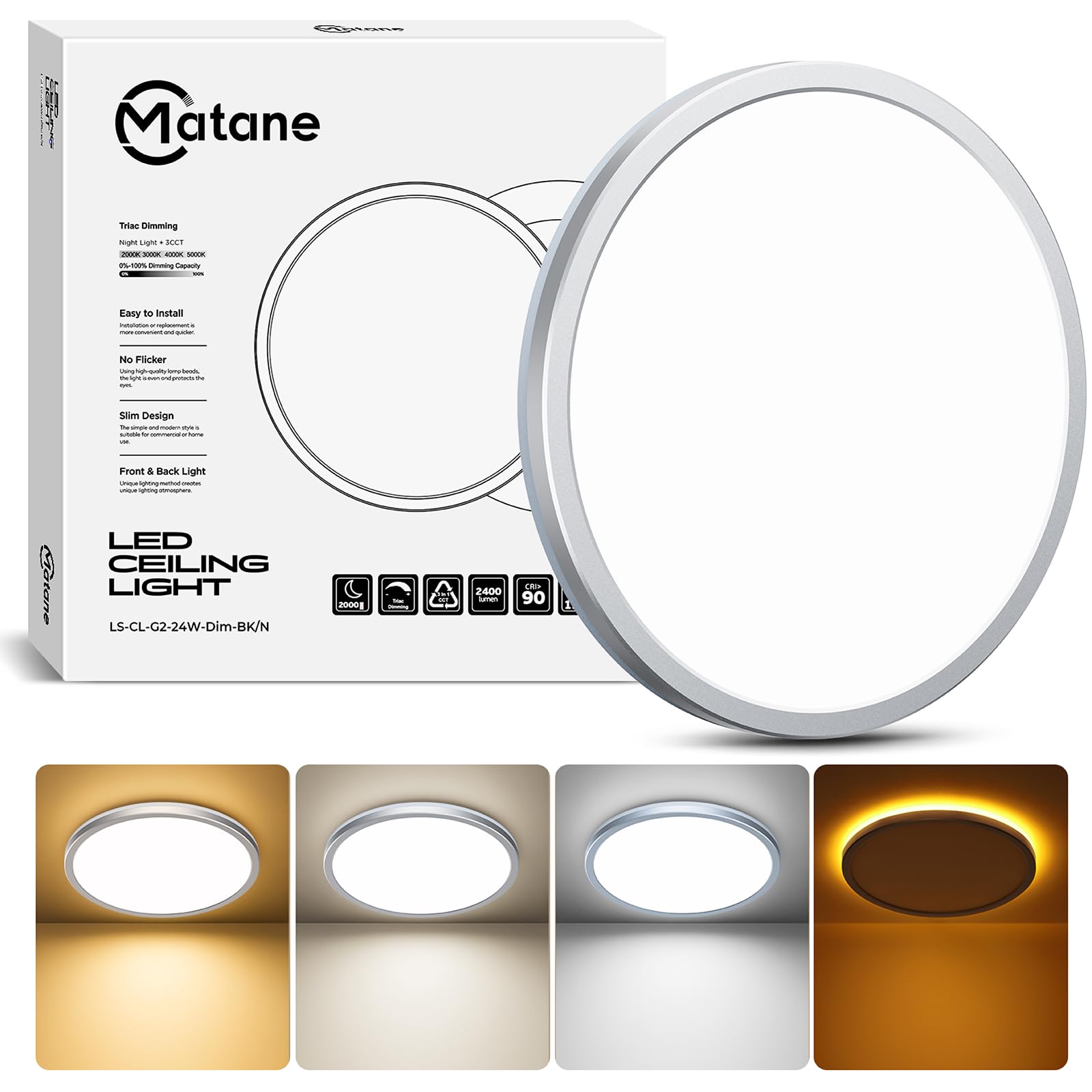 Matane 12 Inch LED Flush Mount Ceiling Light Fixture with Night Light  24W 2400LM 3000K/4000K/5000K Selectable  Dimmable Ceiling Lights for Bedroom  Dining Room  Kitchen  Round Silver