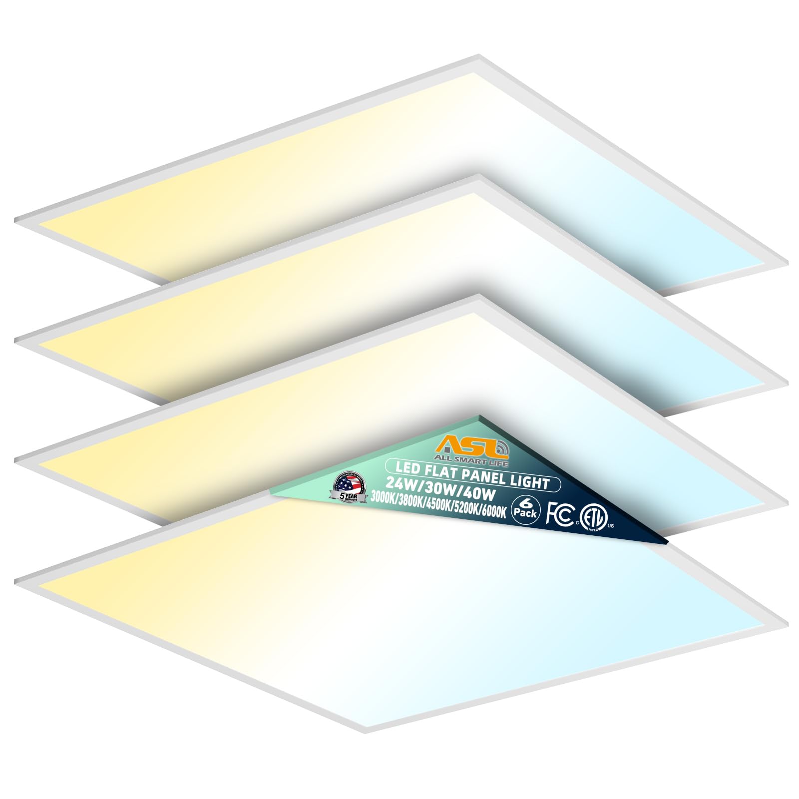 Allsmartlife 2x2 LED Flat Panel Light 4-Pack, Triac Dimmable, 5CCT (3000K-3800K-4500K-5200K-6000K) 40W/5000LM, Back-Lit 2x2FT LE