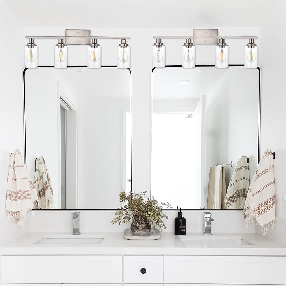 WINSHEN 4-Lights Vanity Light Fixture, Brushed Nickel, 31-Inches, Metal, Bathroom Wall Sconce with Seeded Glass