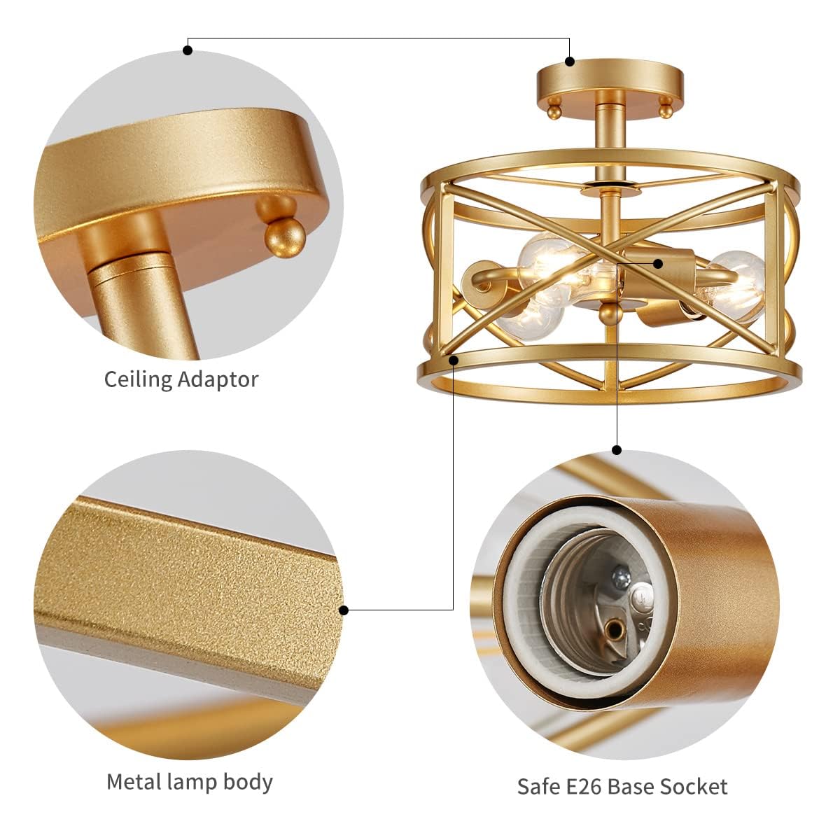 Wuzups Chandelier 3-Light Vintage Farmhouse Industrial Semi-Flush Mount Ceiling Light Modern Lighting Fixture For Foyer Bedroom