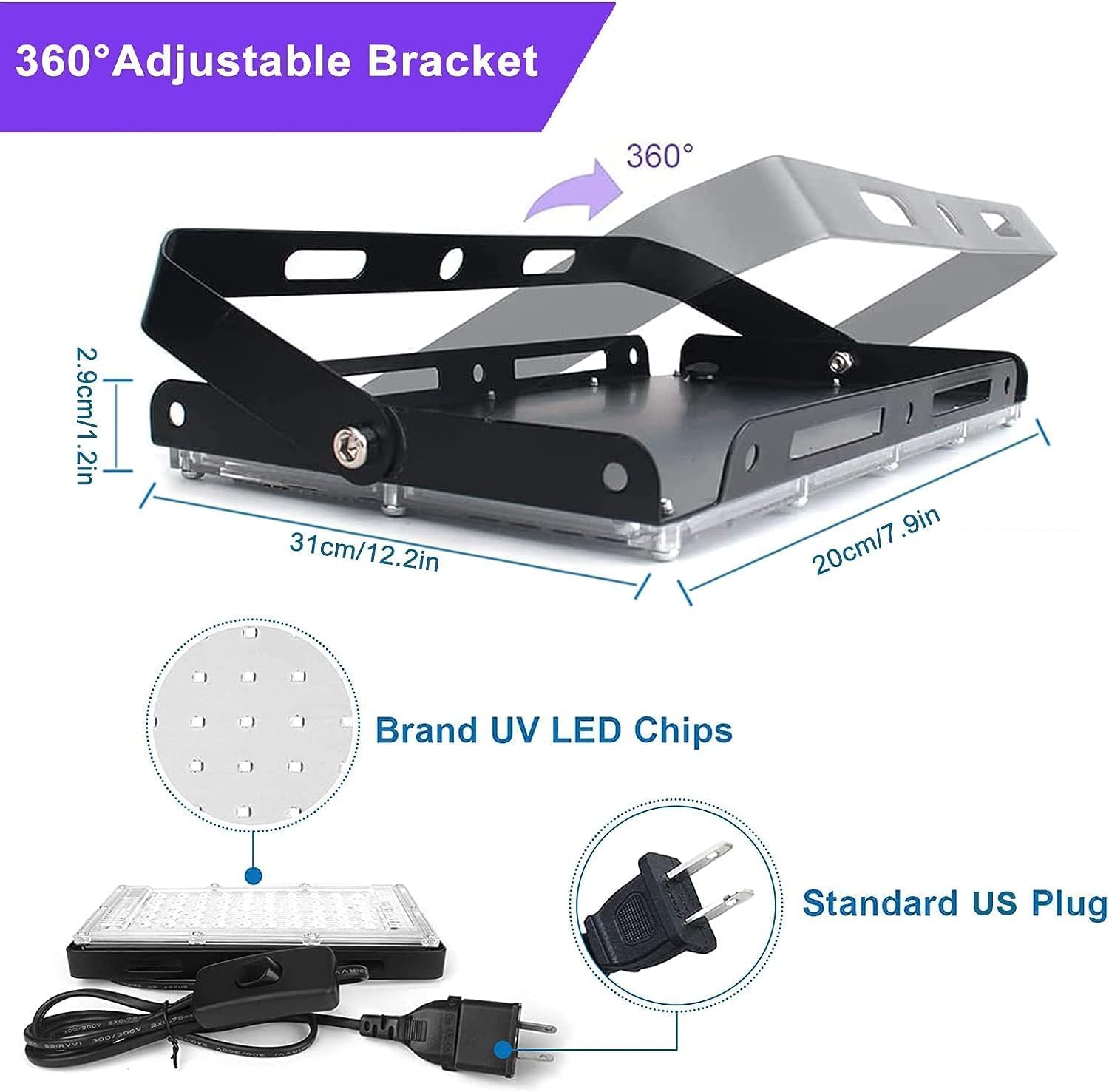 Indmird 150W Blacklight Flood Light - Aluminum, Plug & Switch, Perfect For Glow Parties & Halloween, Model Chx010, Black