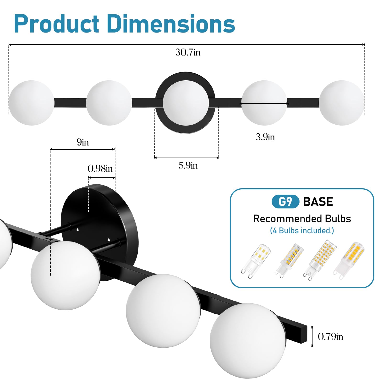 Lightdot 31in 5-Light Vanity Light | Matte Gold Frame, Dimmable, Shatterproof Shades | 5L-Globe Black