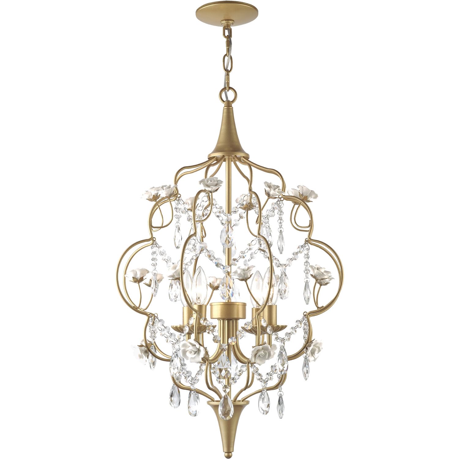 AF Lighting Floral 4-Light Chandelier with Cream Ceramic Roses and Clear Acrylic Beads for Hardwire Installation in Bedroom, Dining Room, Foyer, or Stairwell, Brushed Gold