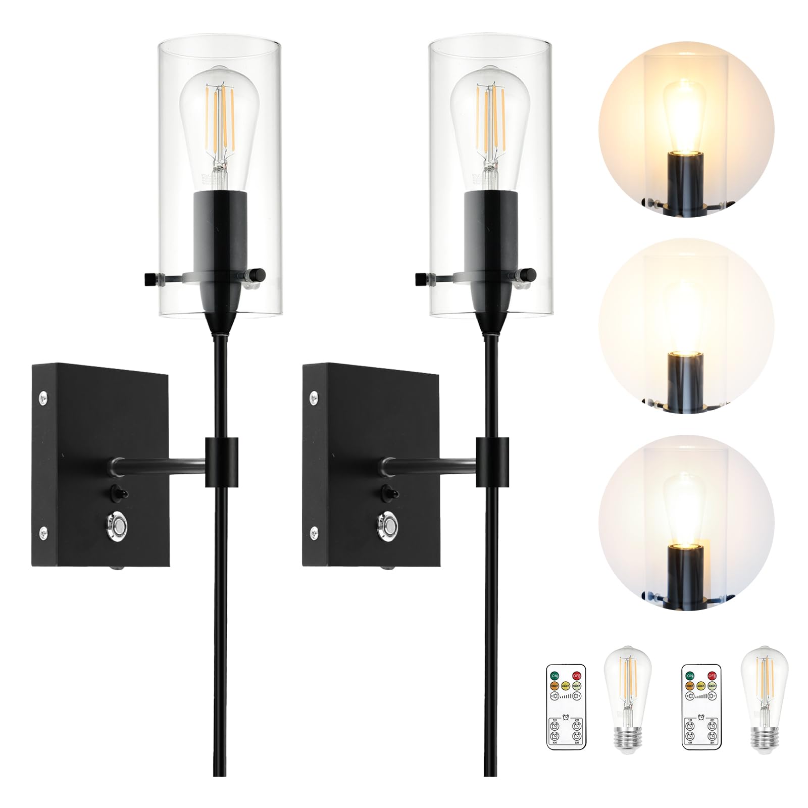 Aibisod 3-Color Battery Operated Wall Sconces Set Of 2 With Remote, Dimmable Indoor Wireless Wall Light, Black Indoor Battery Po