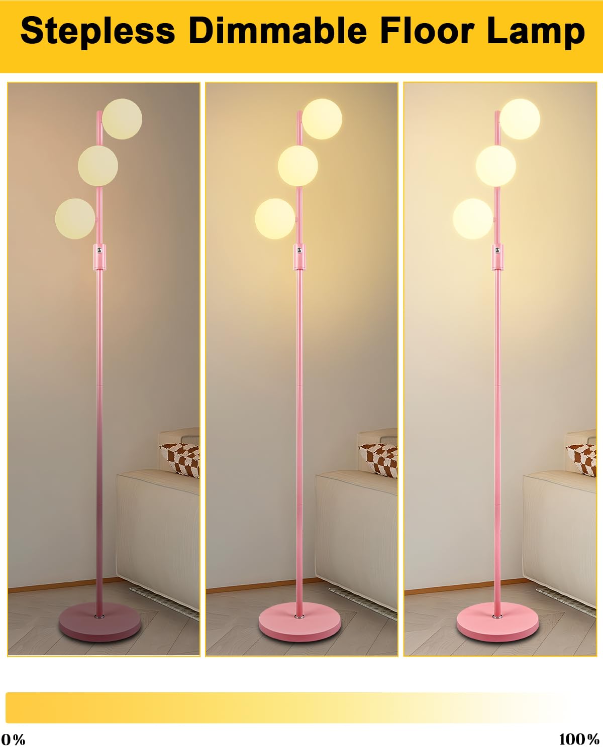 Lightdot Dimmable (Brightness Adjustable) Globe Floor Lamp, Pink Pole Standing Lamps With 3Pcs 3000K G9 Bulbs, Mid Century Moder